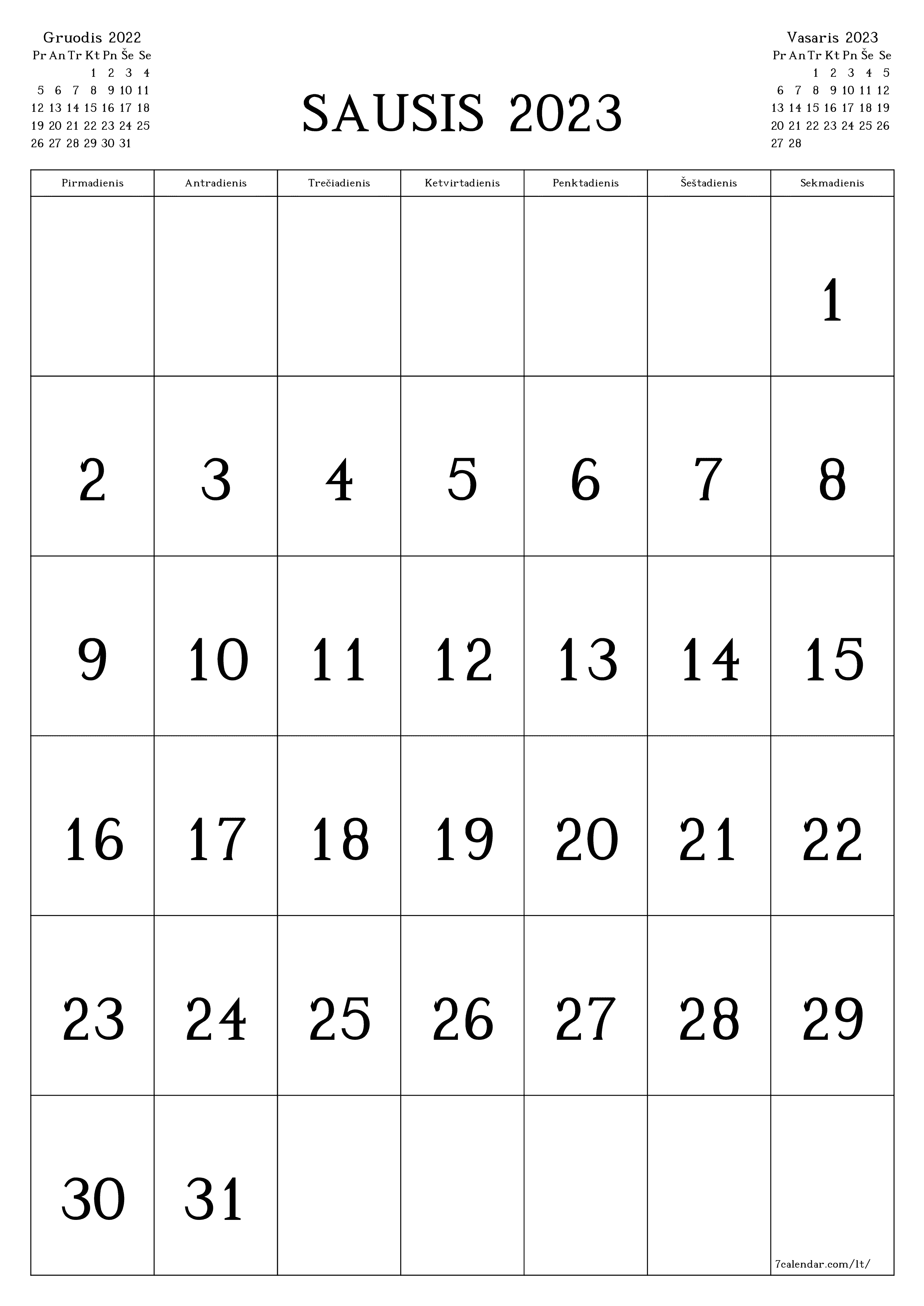 Tuščias mėnesio kalendorius Sausis 2023 išsaugokite ir atsispausdinkite PDF formatu PNG Lithuanian - 7calendar.com