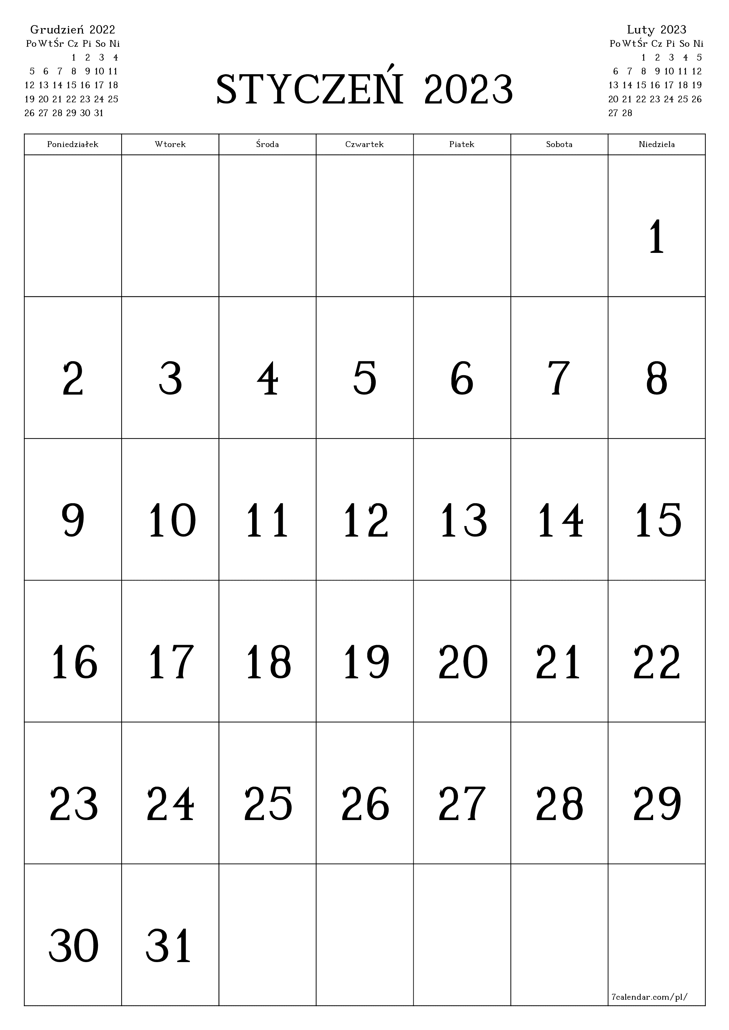  do druku ścienny szablon a darmowy pionowy Miesięczny kalendarz Styczeń (Sty) 2023