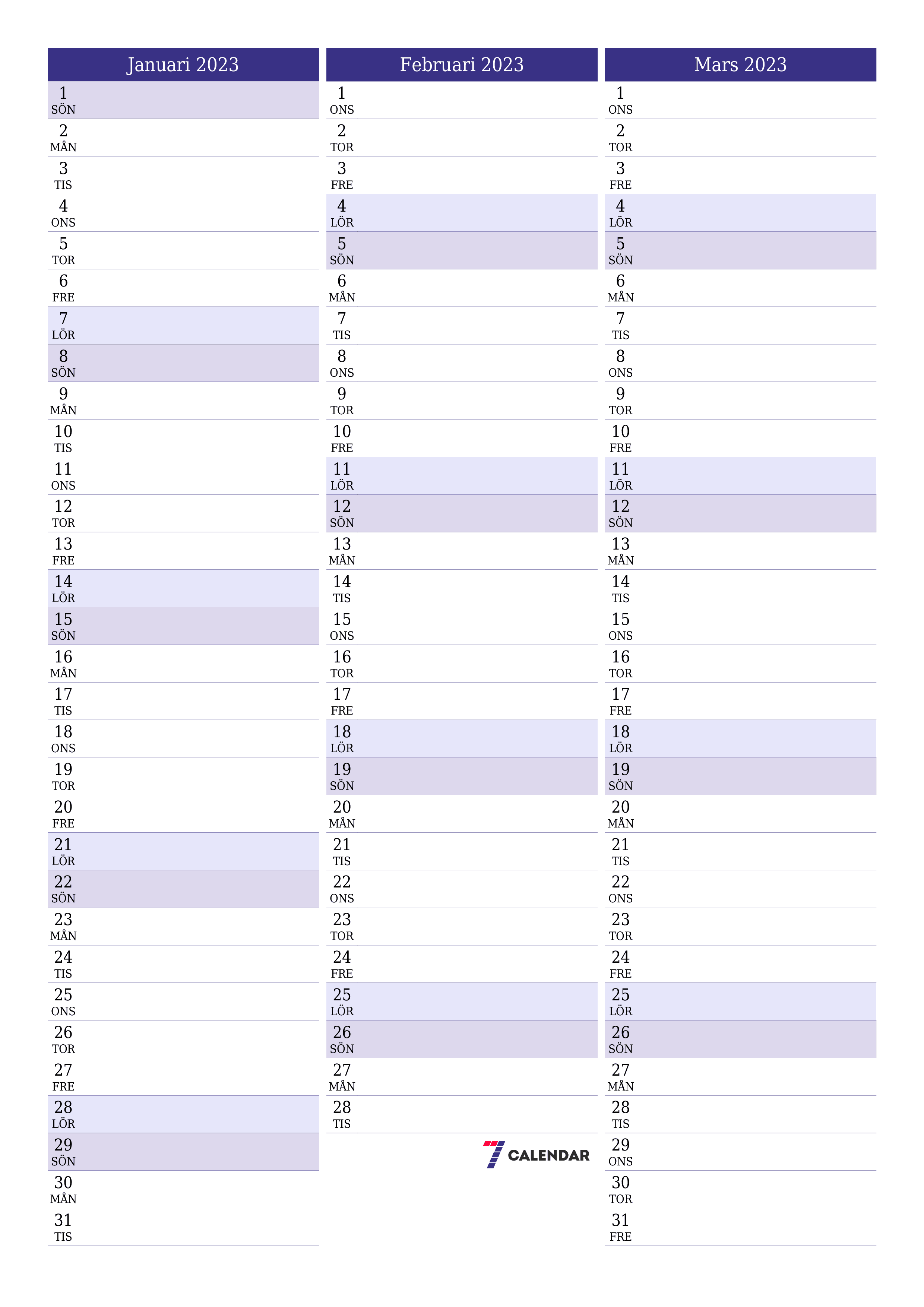 Tom månadsplanerare för månad Januari 2023 med anteckningar, spara och skriv ut till PDF PNG Swedish