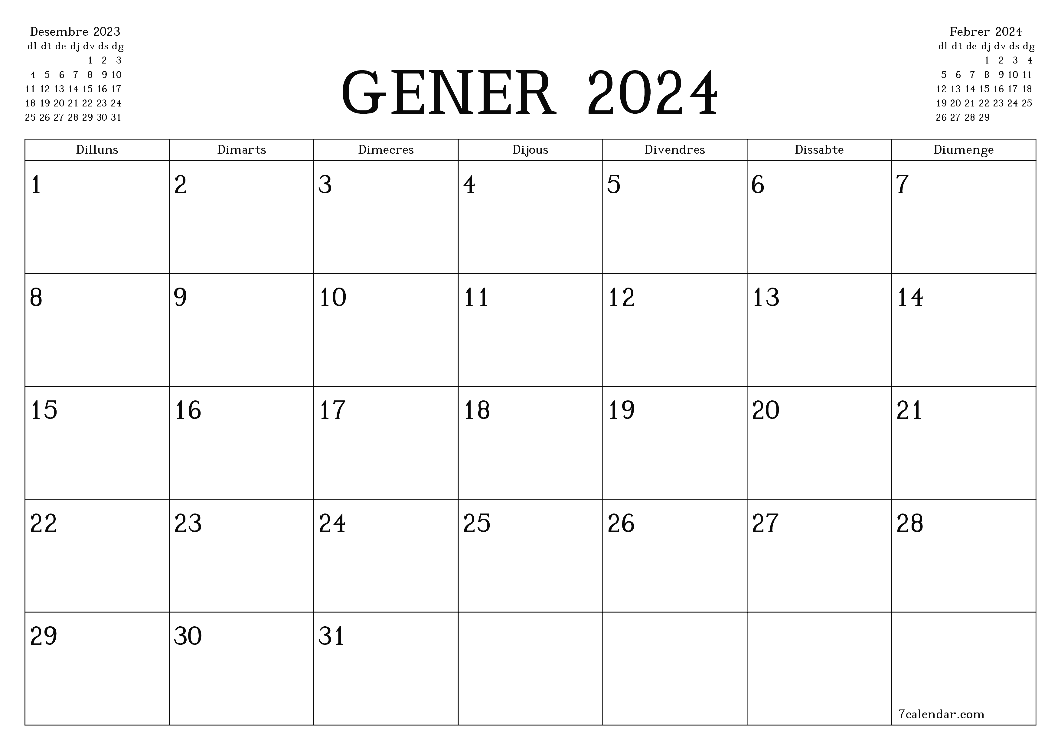 Planificador mensual buit del mes Gener 2024 amb notes, deseu-lo i imprimiu-lo en format PDF PNG Catalan