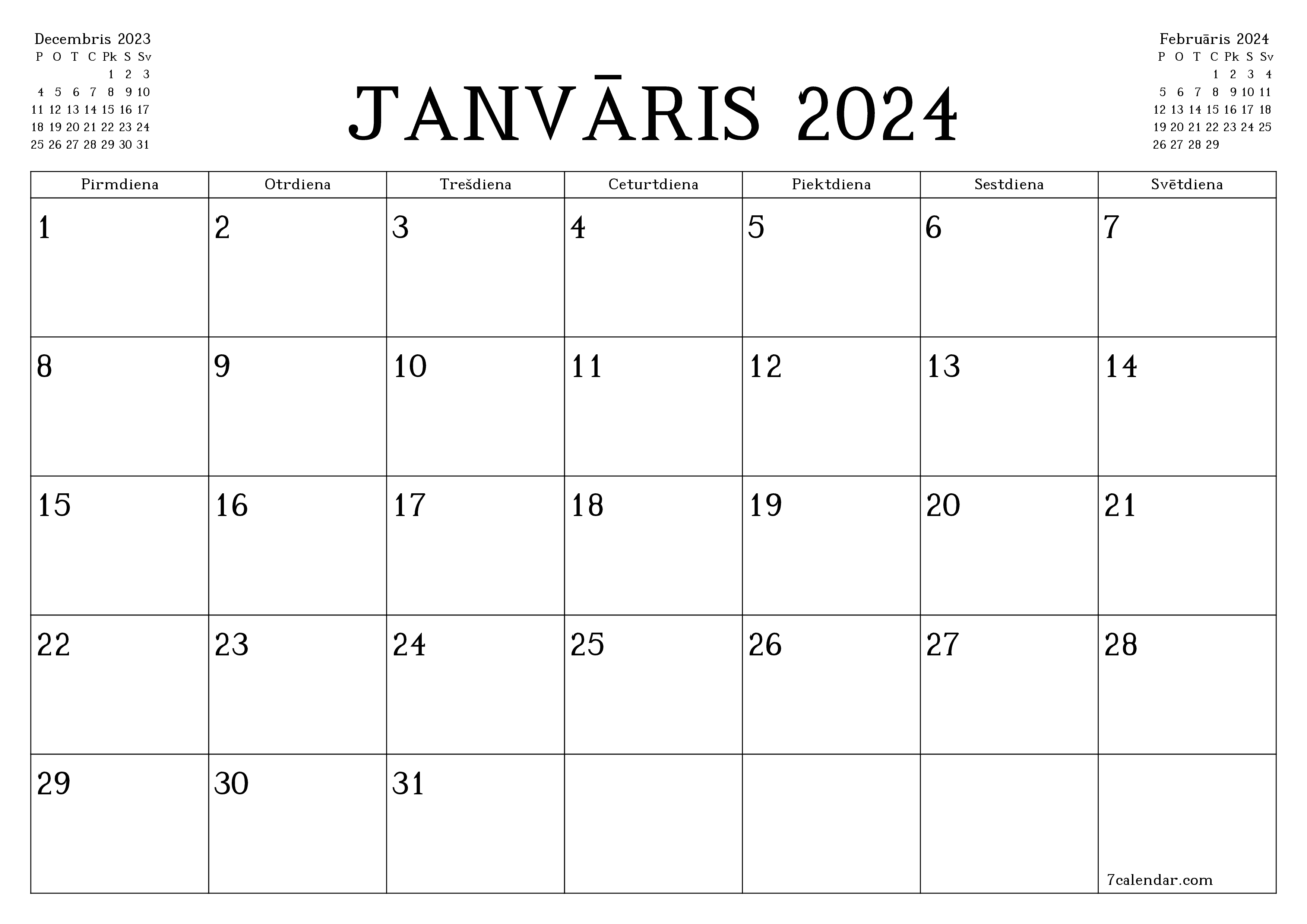 Iztukšot mēneša plānotāju mēnesim Janvāris 2024 ar piezīmēm, saglabāt un izdrukāt PDF formātā PNG Latvian