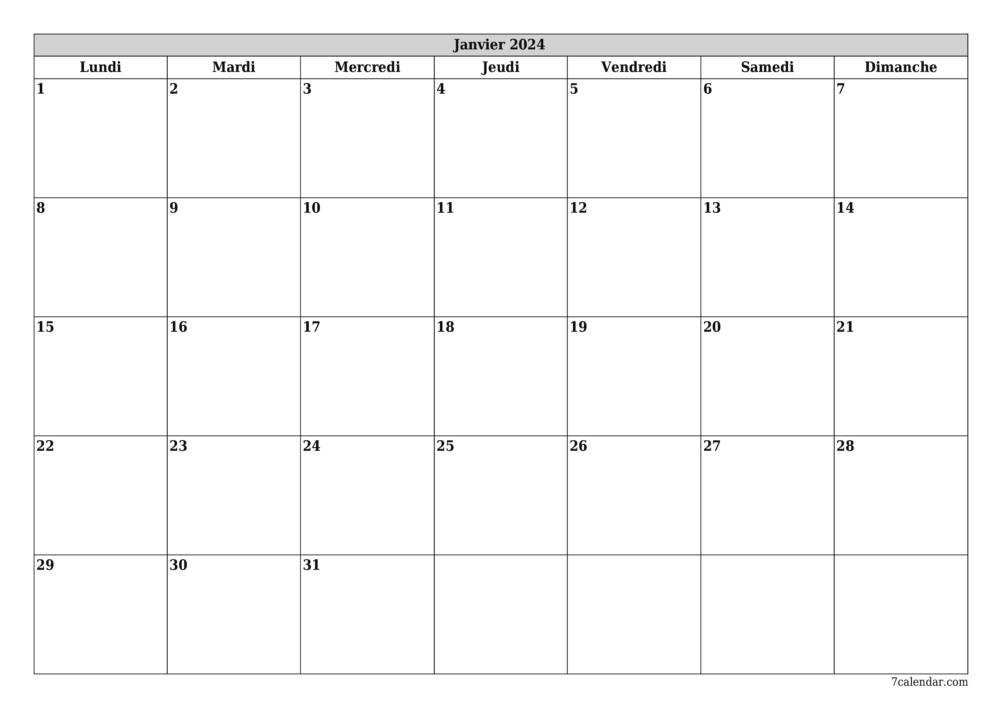 Agenda mensuel vide pour le mois Janvier 2024 avec notes, enregistrez et imprimez au format PDF PNG French