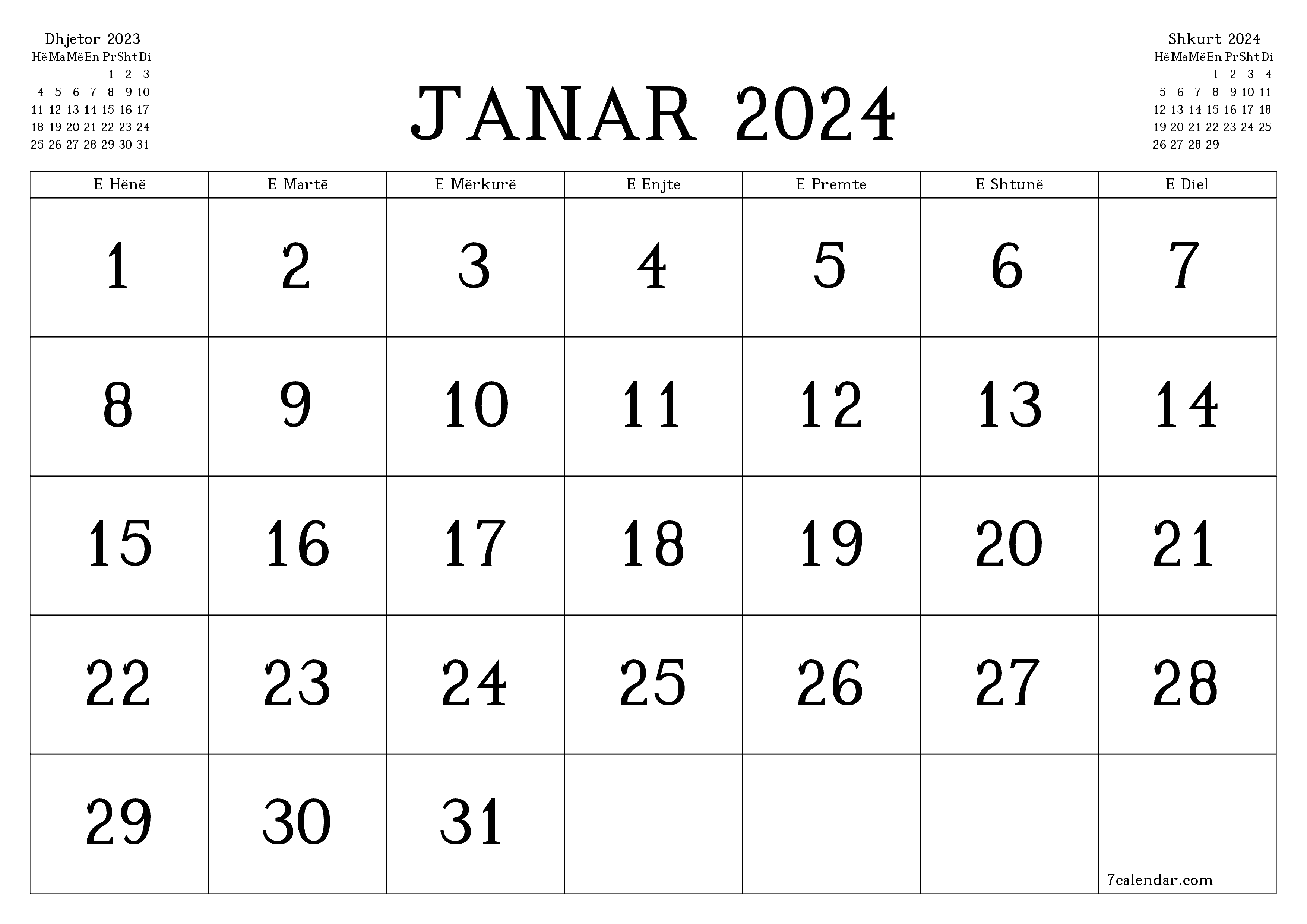 Planifikuesi i zbrazët i kalendarit mujor për muajin Janar 2024 me shënime të ruajtura dhe të printuara në PDF PNG Albanian
