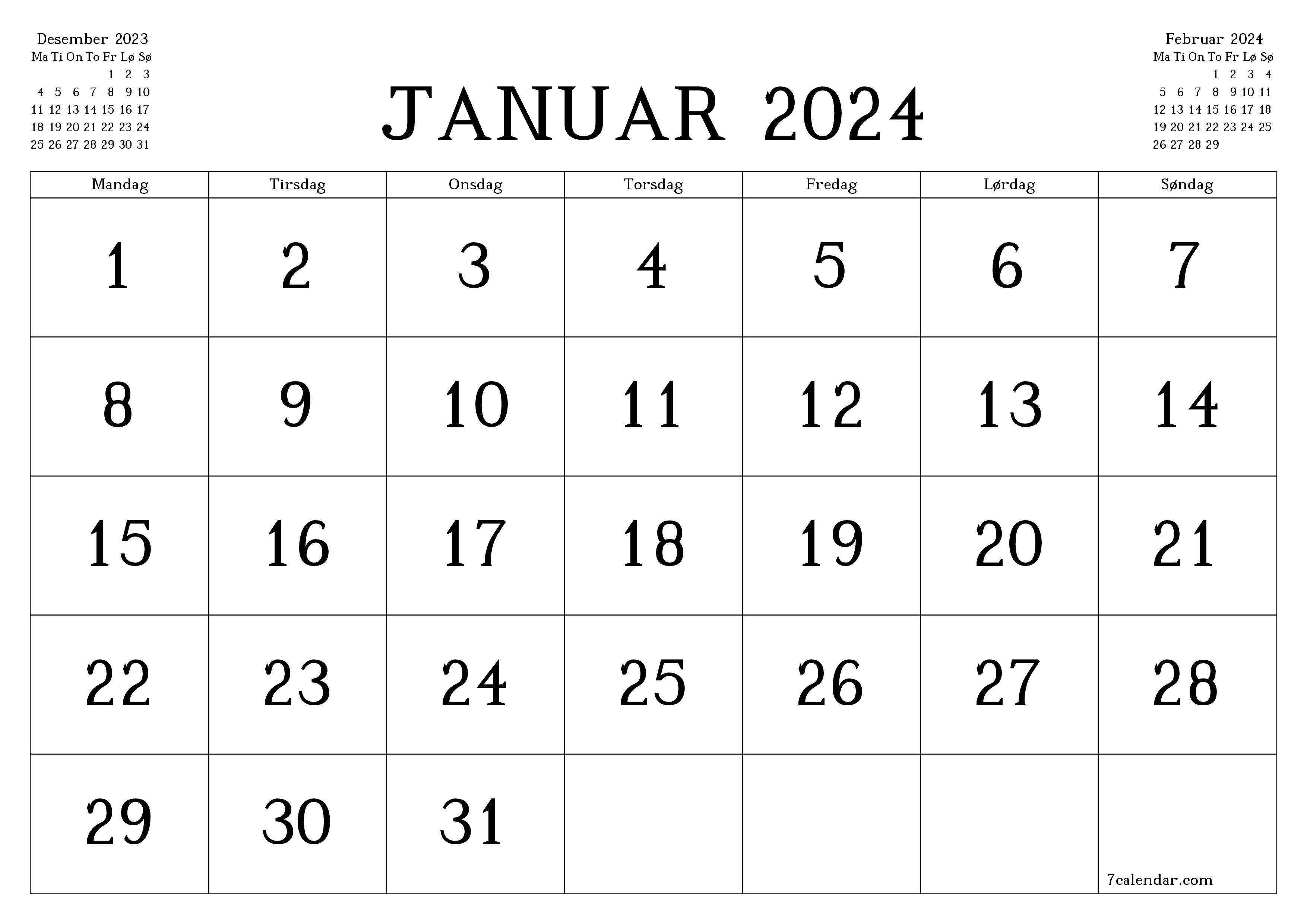 Tom månedlig planlegger for måned Januar 2024 med notater, lagre og skriv ut til PDF PNG Norwegian
