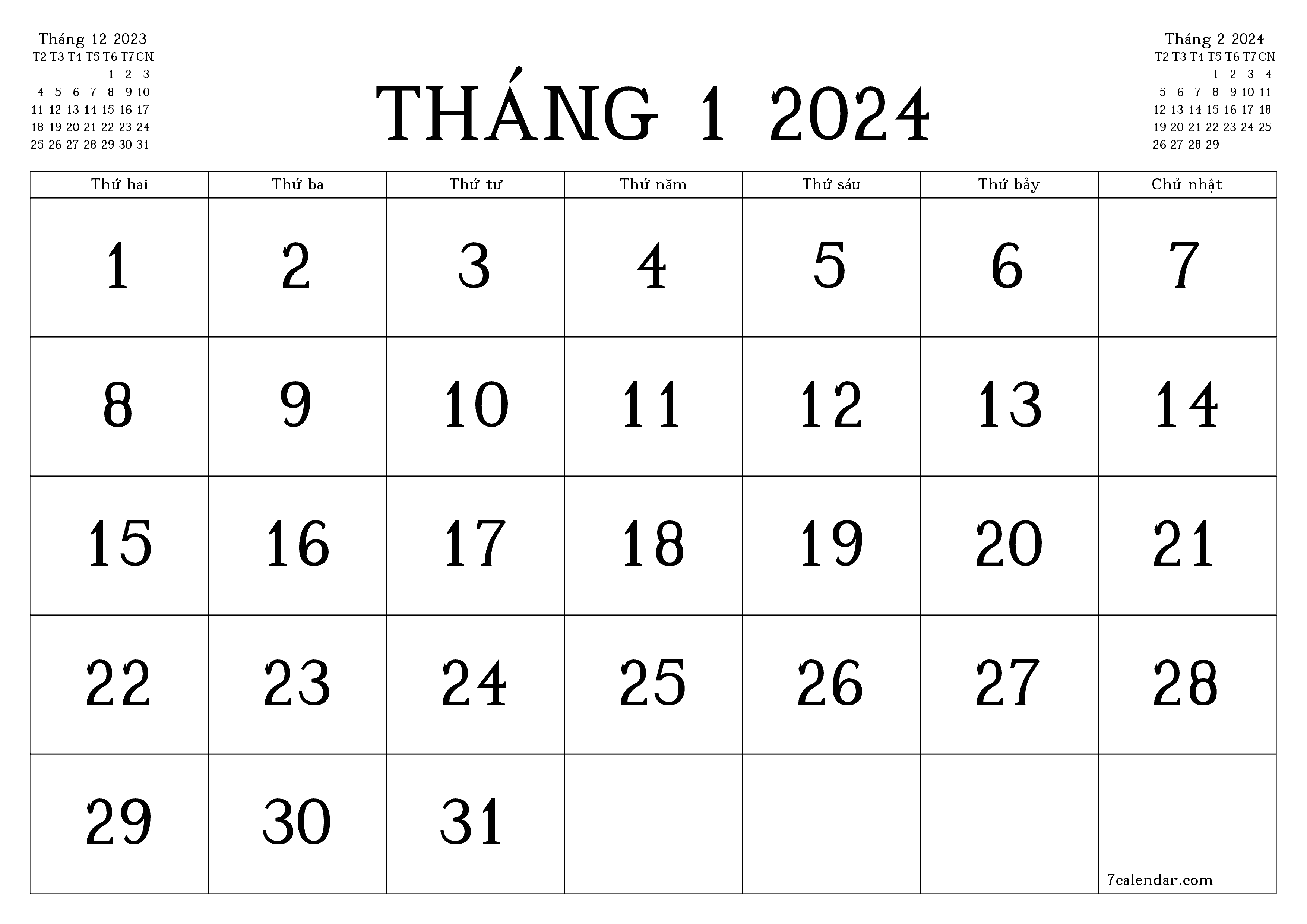 Công cụ lập kế hoạch hàng tháng trống cho tháng Tháng 1 2024 có ghi chú, lưu và in sang PDF PNG Vietnamese