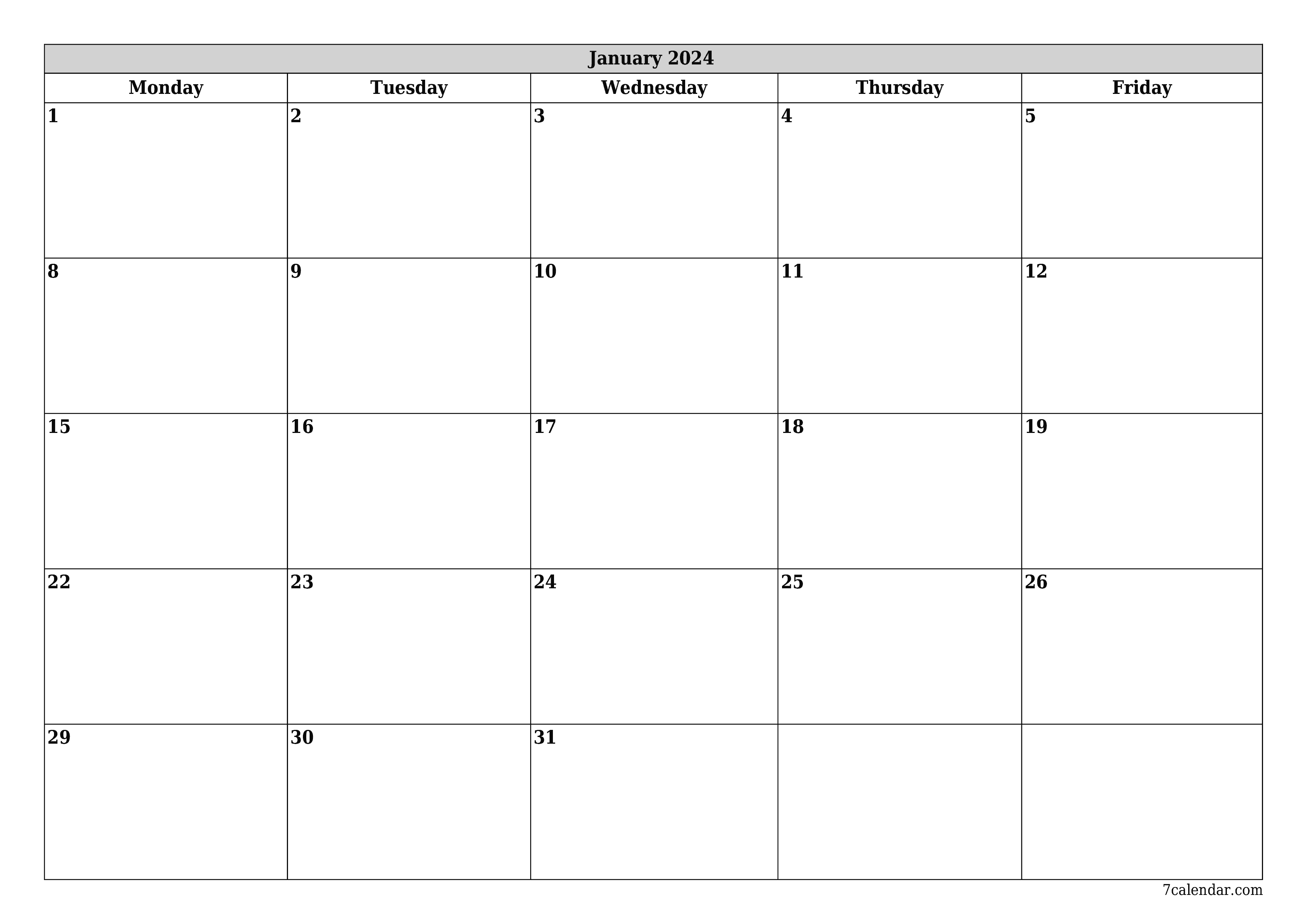 Blank monthly printable calendar and planner for month January 2024 with notes save and print to PDF PNG English
