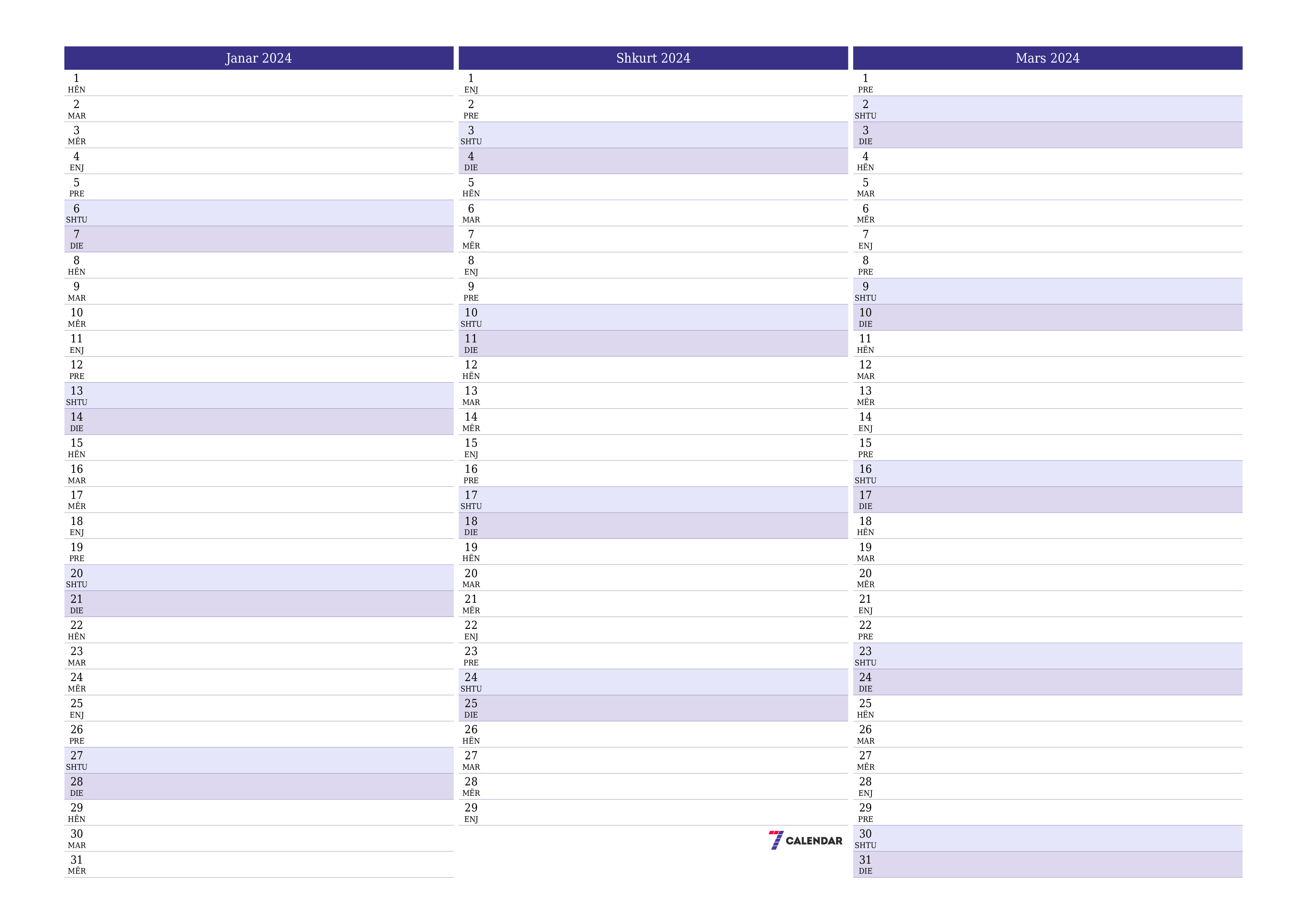 Planifikuesi i zbrazët i kalendarit mujor për muajin Janar 2024 me shënime të ruajtura dhe të printuara në PDF PNG Albanian