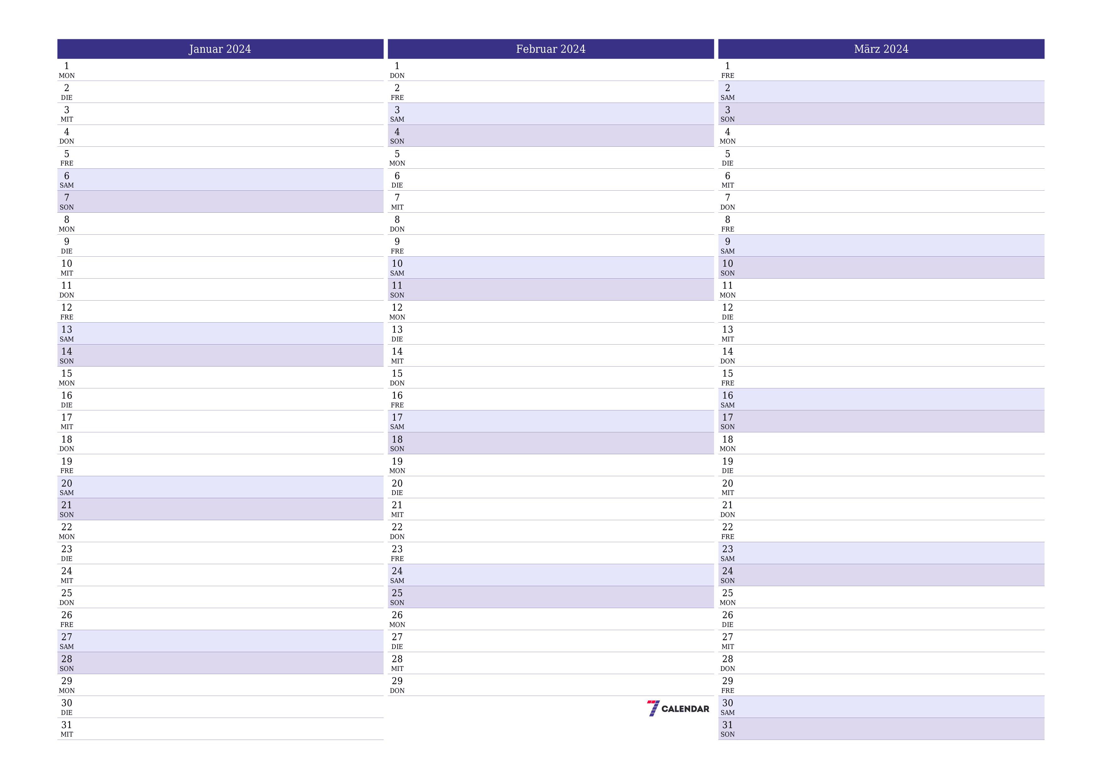 Monatsplaner für Monat Januar 2024 mit Notizen leeren, speichern und als PDF PNG German - 7calendar.com drucken