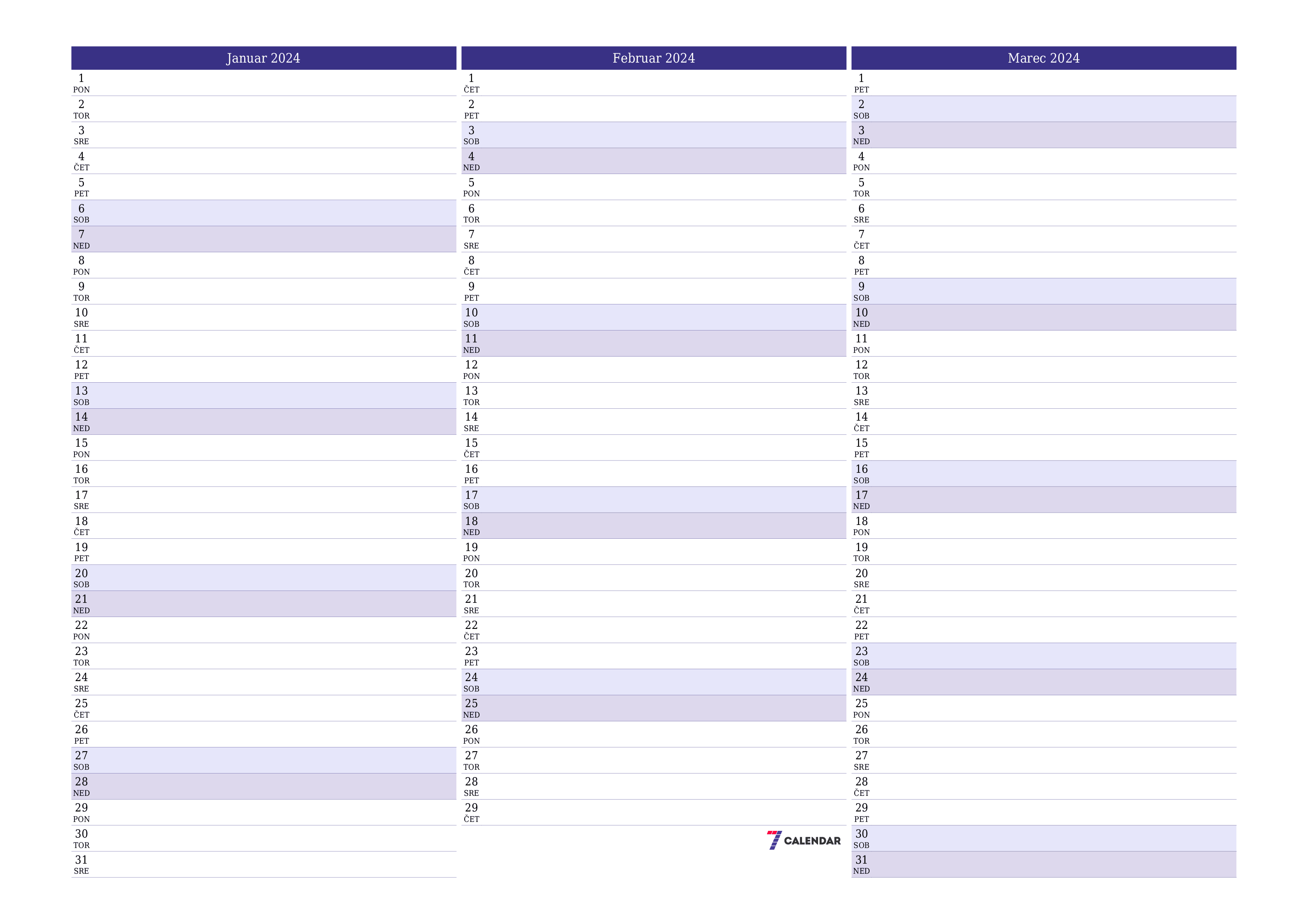 Prazen mesečni načrtovalec koledarja za mesec Januar 2024 z opombami, natisnjenimi v PDF PNG Slovenian