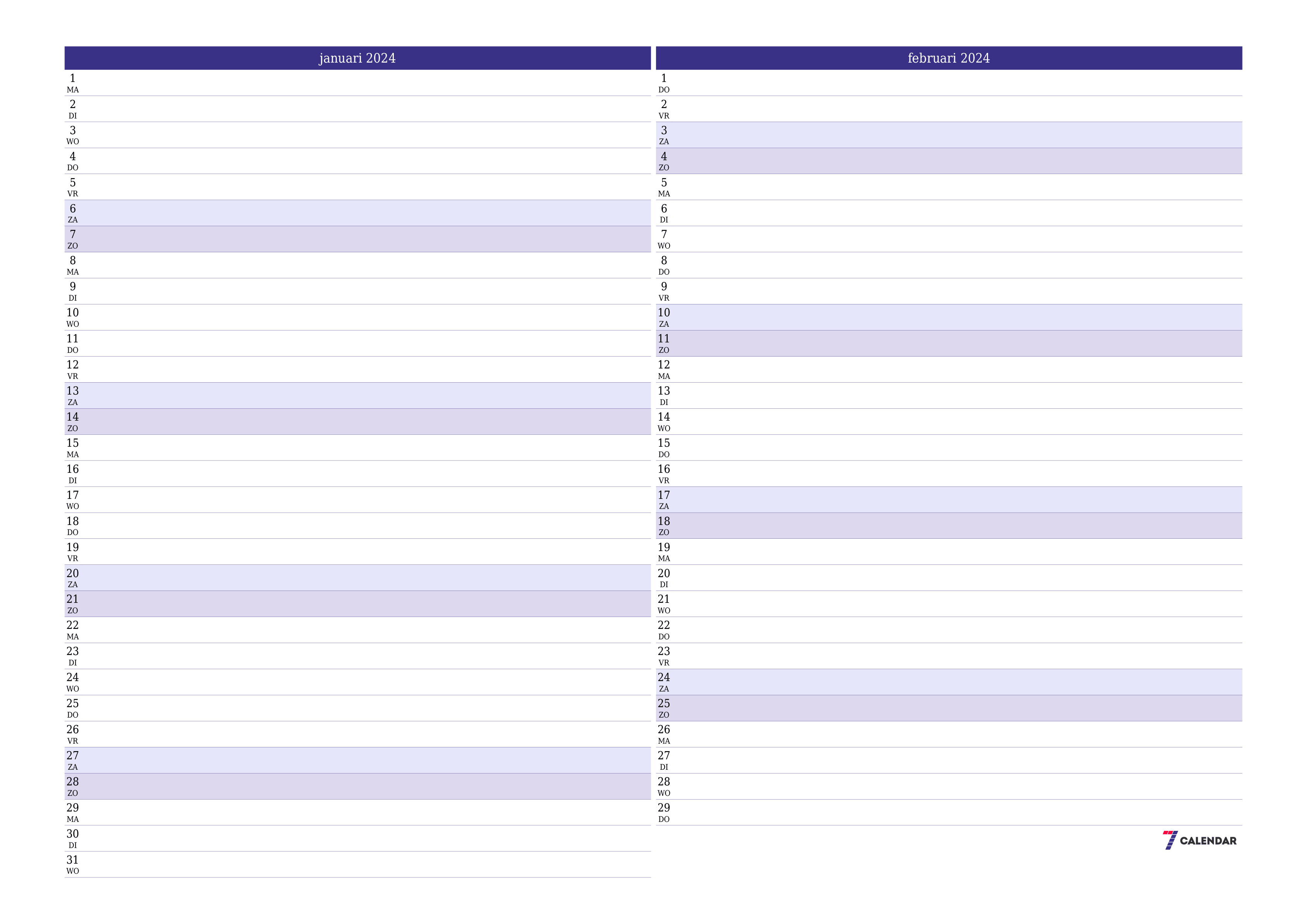 afdrukbare muur sjabloon gratis horizontaal Maandelijks planner kalender januari (jan) 2024