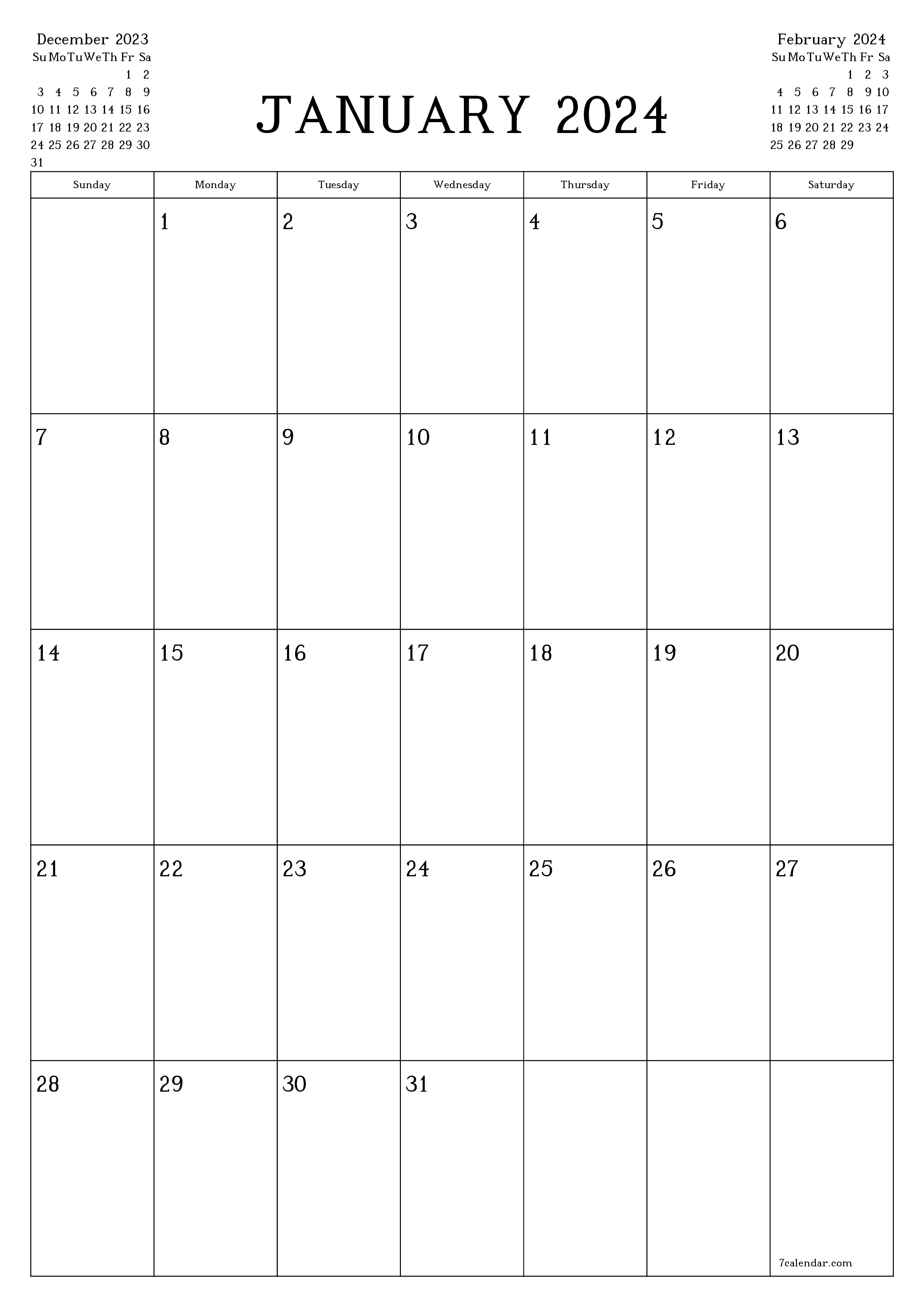 Blank calendar January 2024