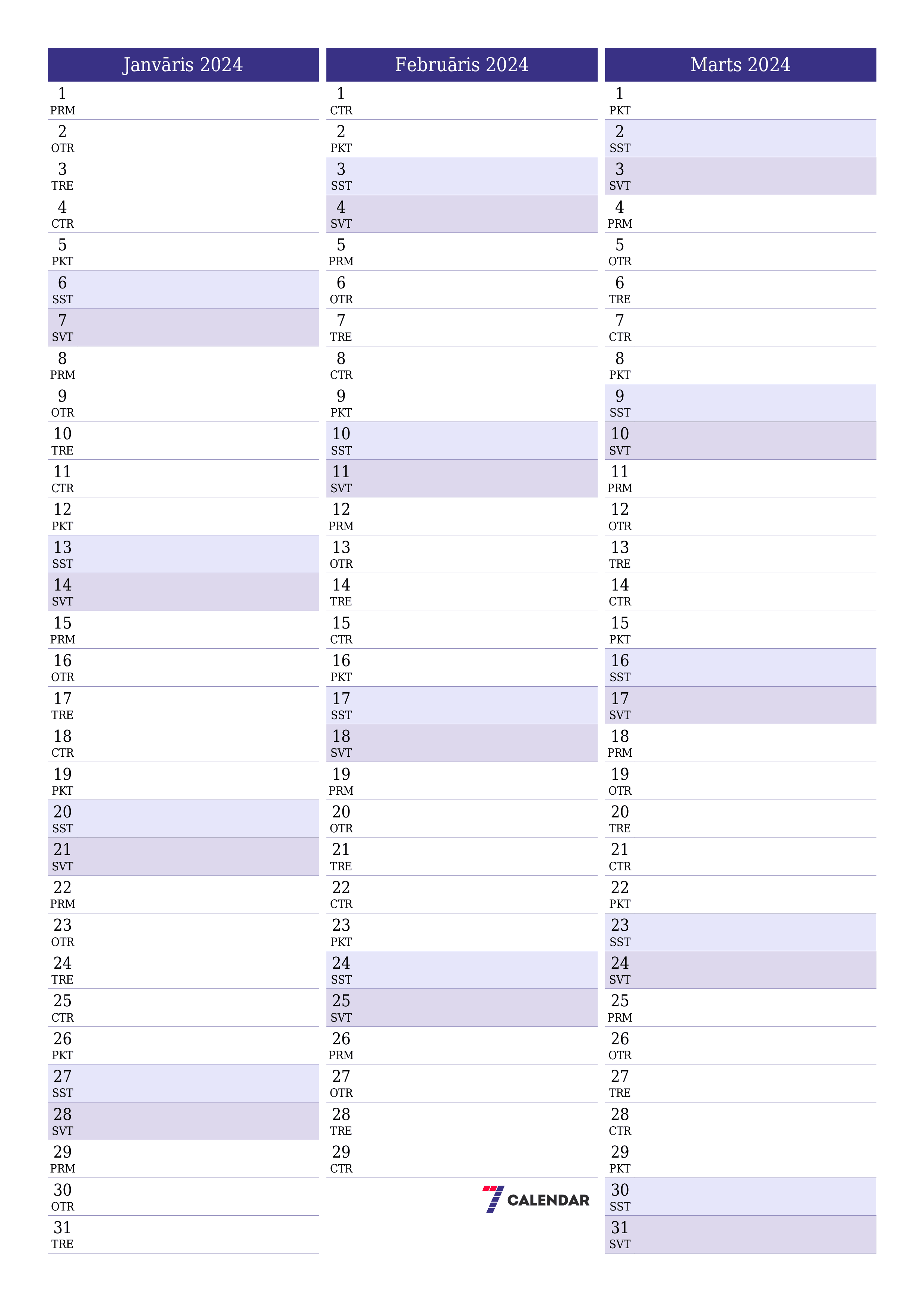 Iztukšot mēneša plānotāju mēnesim Janvāris 2024 ar piezīmēm, saglabāt un izdrukāt PDF formātā PNG Latvian