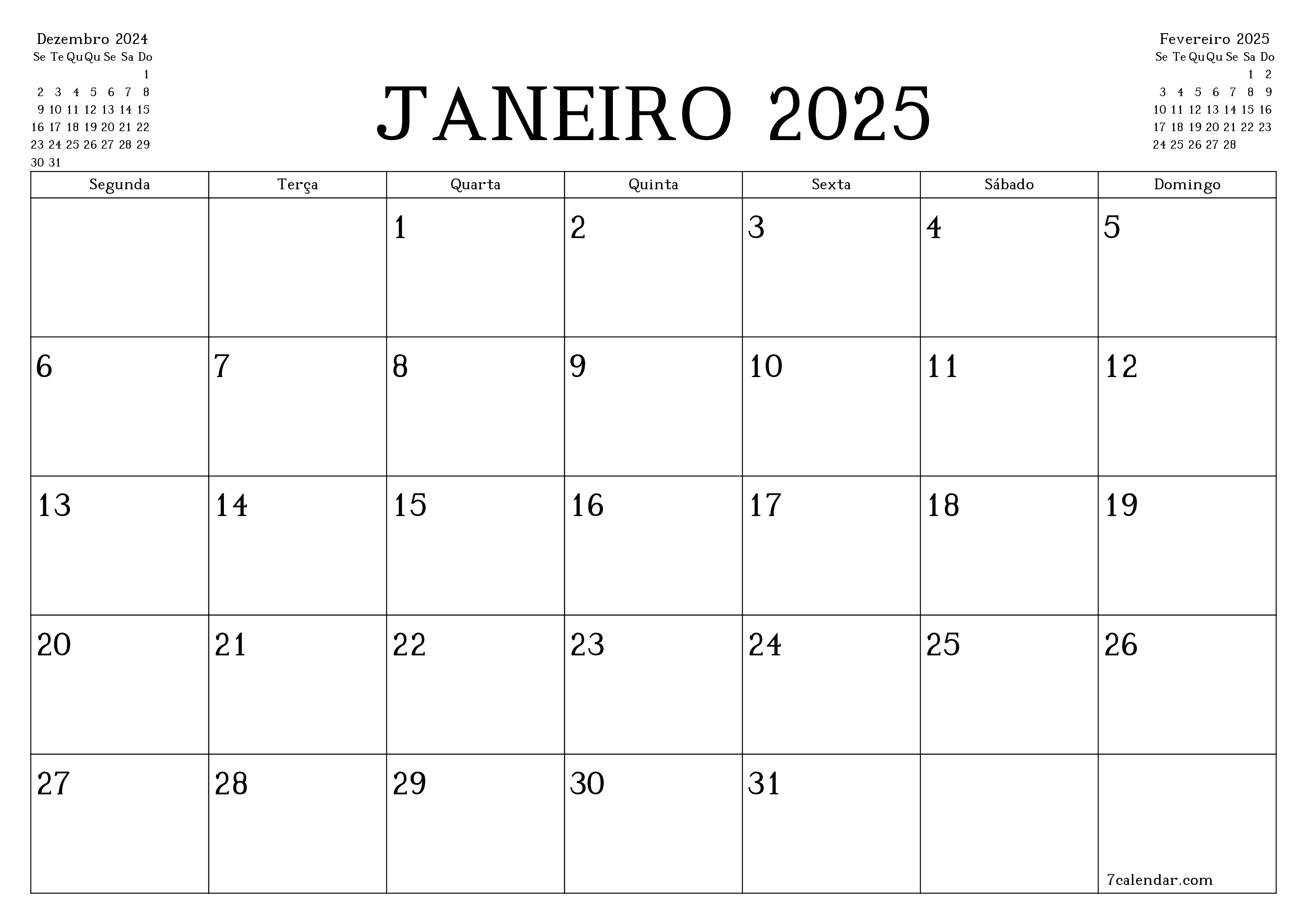 Esvazie o planejador mensal para o mês Janeiro 2025 com notas, salve e imprima em PDF PNG Portuguese