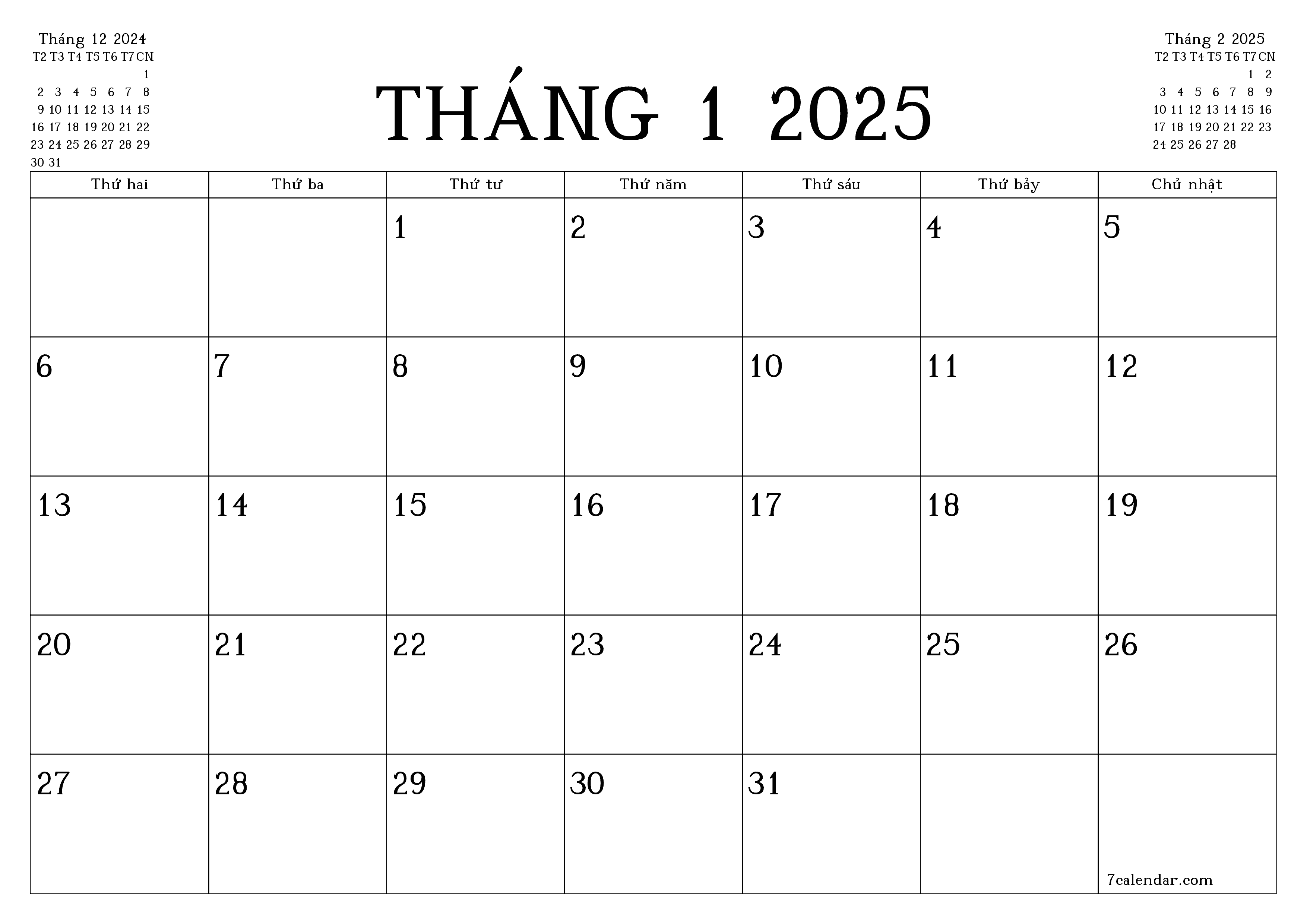 Công cụ lập kế hoạch hàng tháng trống cho tháng Tháng 1 2025 có ghi chú, lưu và in sang PDF PNG Vietnamese