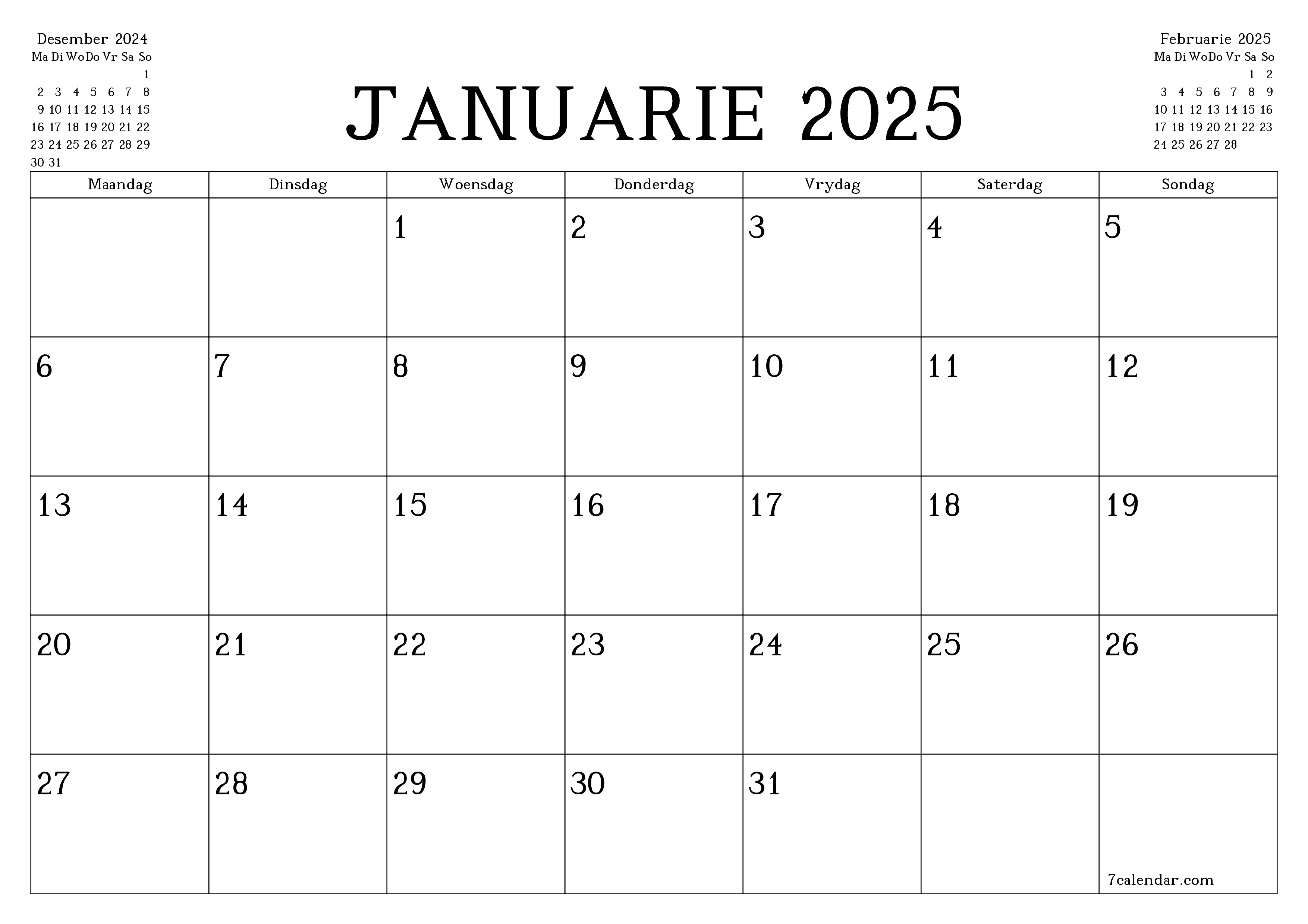 Leë maandelikse drukbare kalender en beplanner vir maand Januarie 2025 met notas stoor en druk na PDF PNG Afrikaans