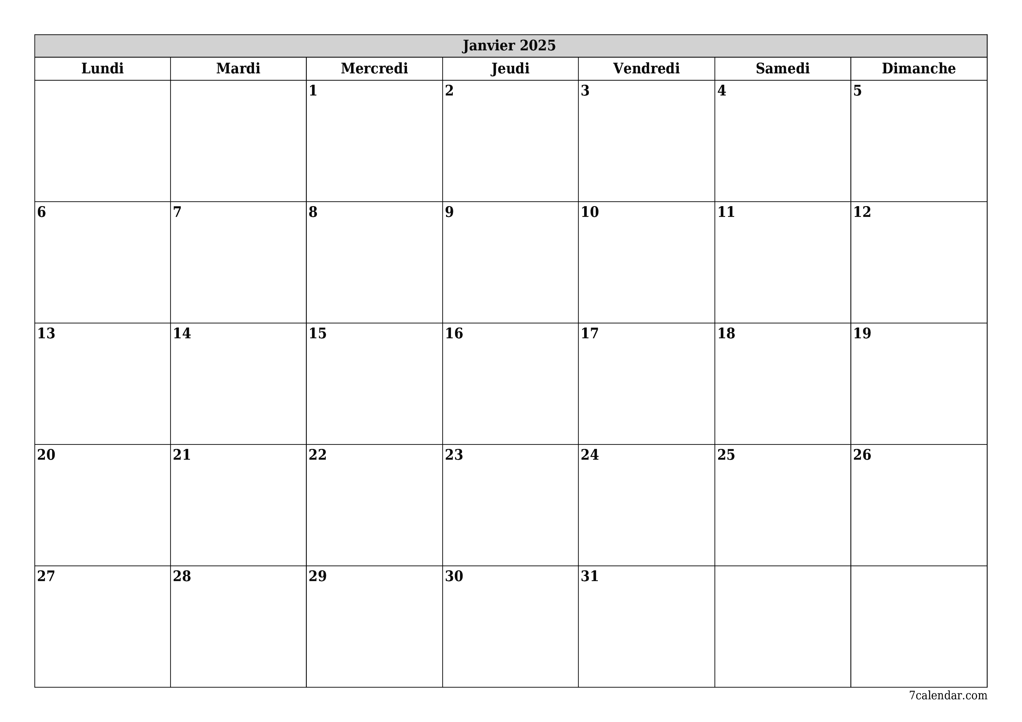 Agenda mensuel vide pour le mois Janvier 2025 avec notes, enregistrez et imprimez au format PDF PNG French