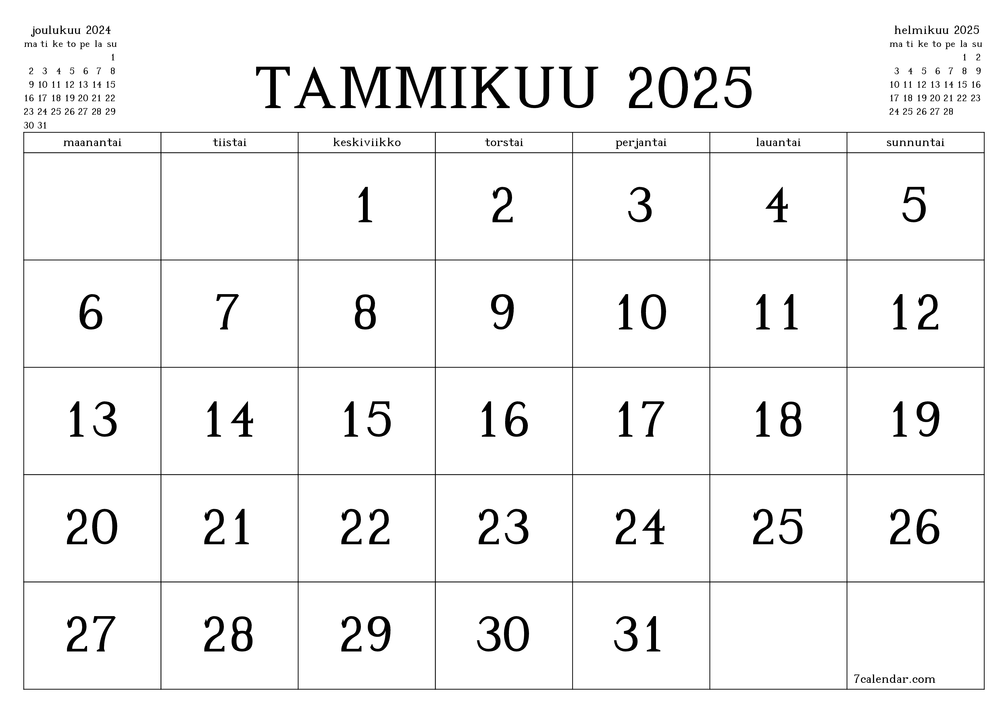 Tyhjennä kuukausittainen suunnittelija kuukaudelle tammikuu 2025 muistiinpanoilla, tallenna ja tulosta PDF-muotoon PNG Finnish