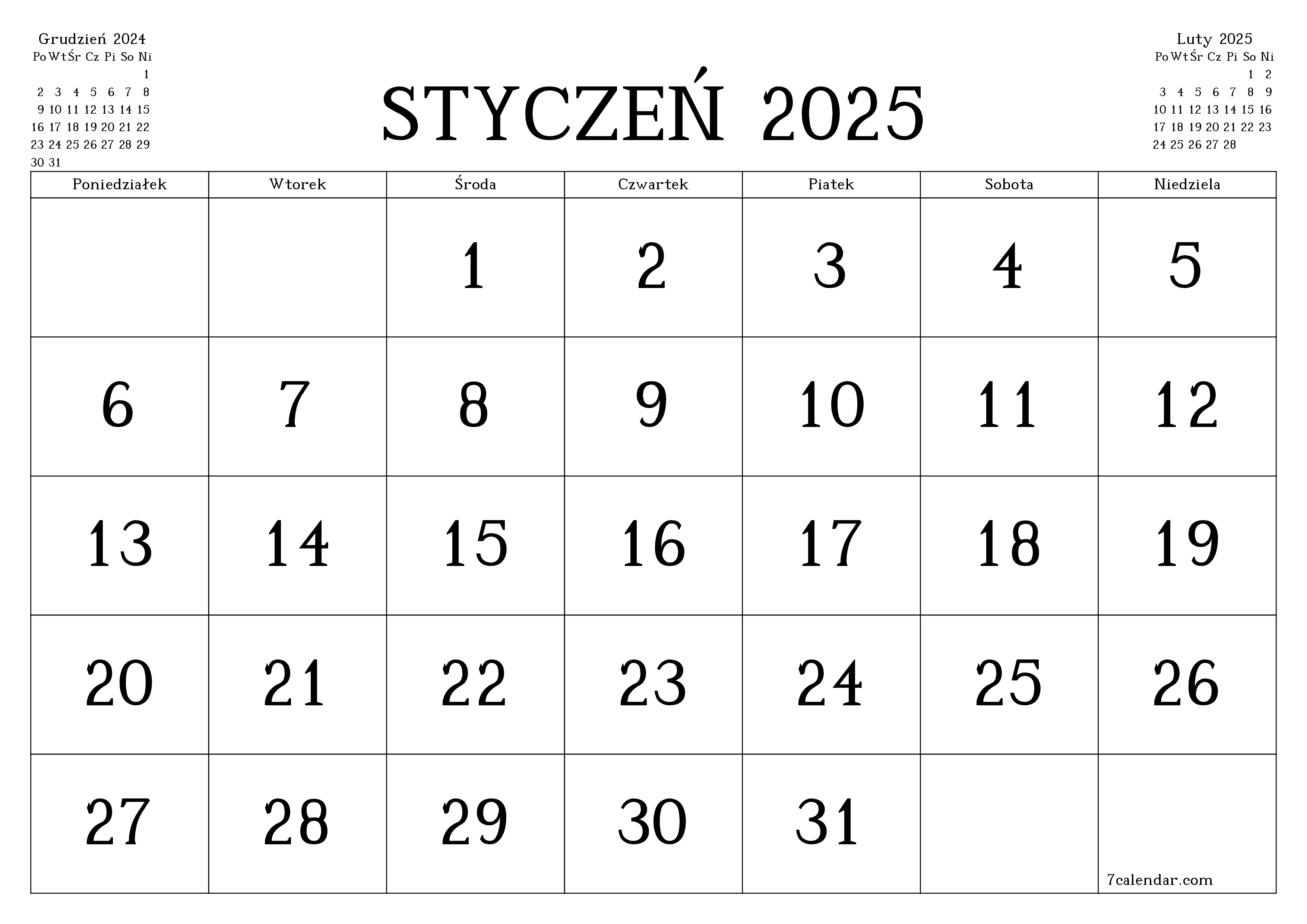 Opróżnij miesięczny planer na miesiąc Styczeń 2025 z notatkami, zapisz i wydrukuj w formacie PDF PNG Polish