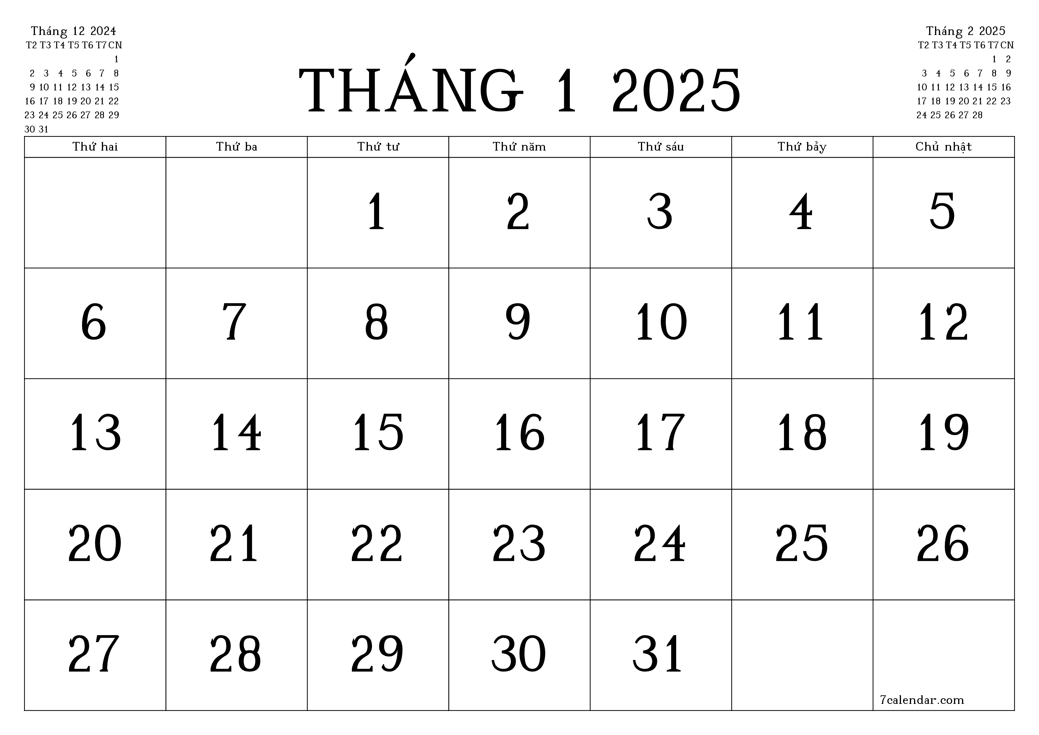 Công cụ lập kế hoạch hàng tháng trống cho tháng Tháng 1 2025 có ghi chú, lưu và in sang PDF PNG Vietnamese