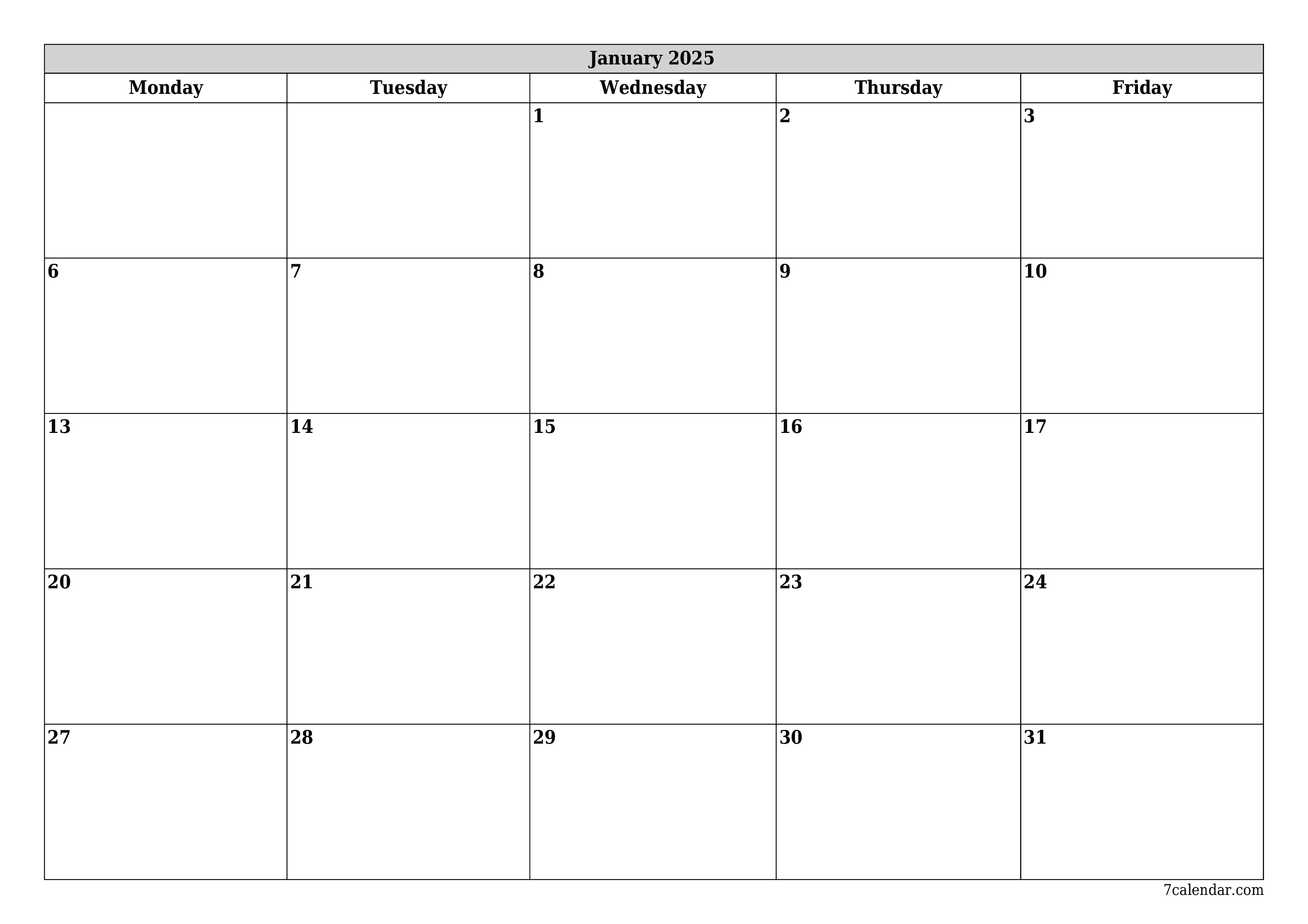 Blank monthly printable calendar and planner for month January 2025 with notes save and print to PDF PNG English