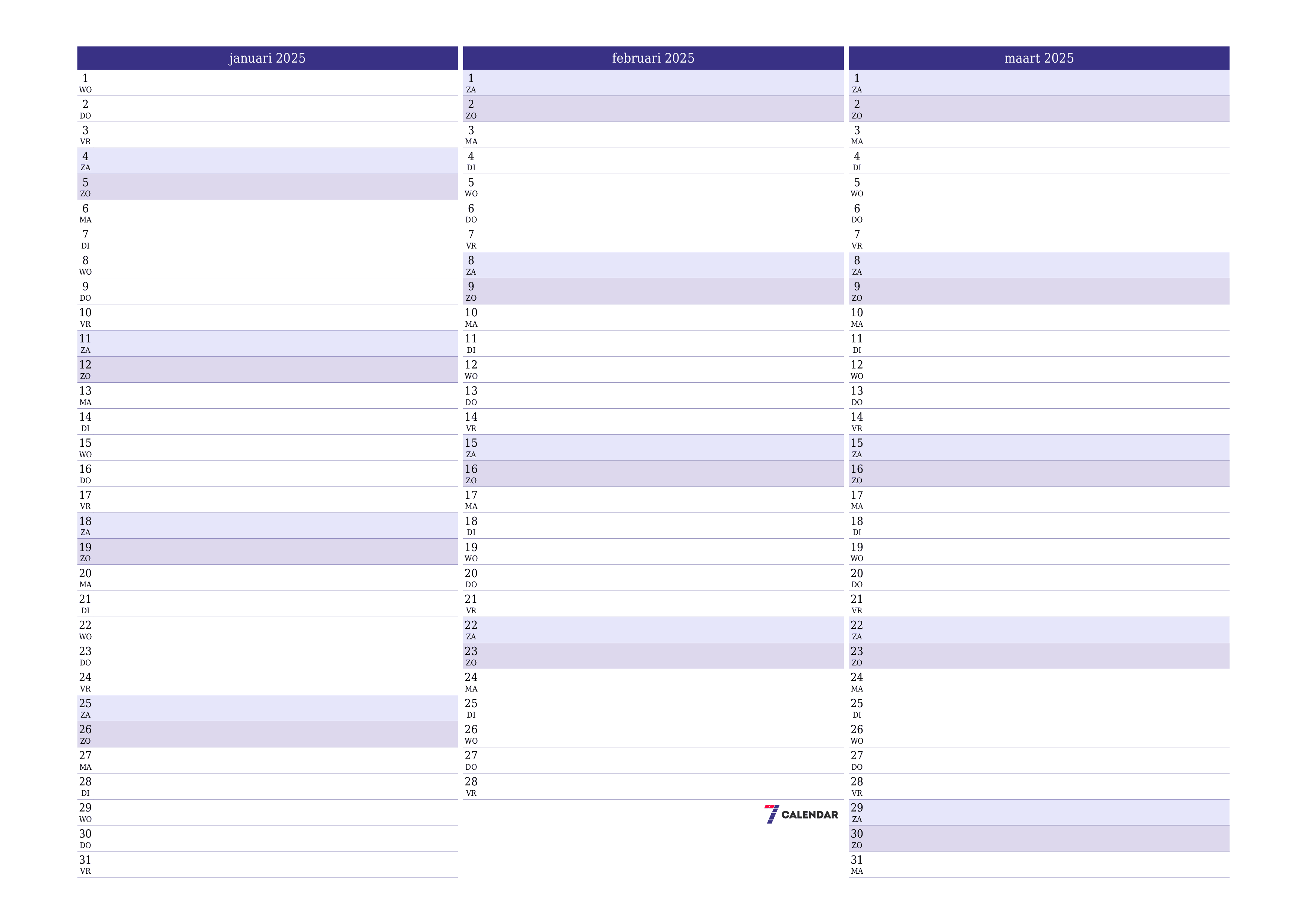 Lege maandplanner voor maand januari 2025 met notities, opslaan en afdrukken naar pdf PNG Dutch