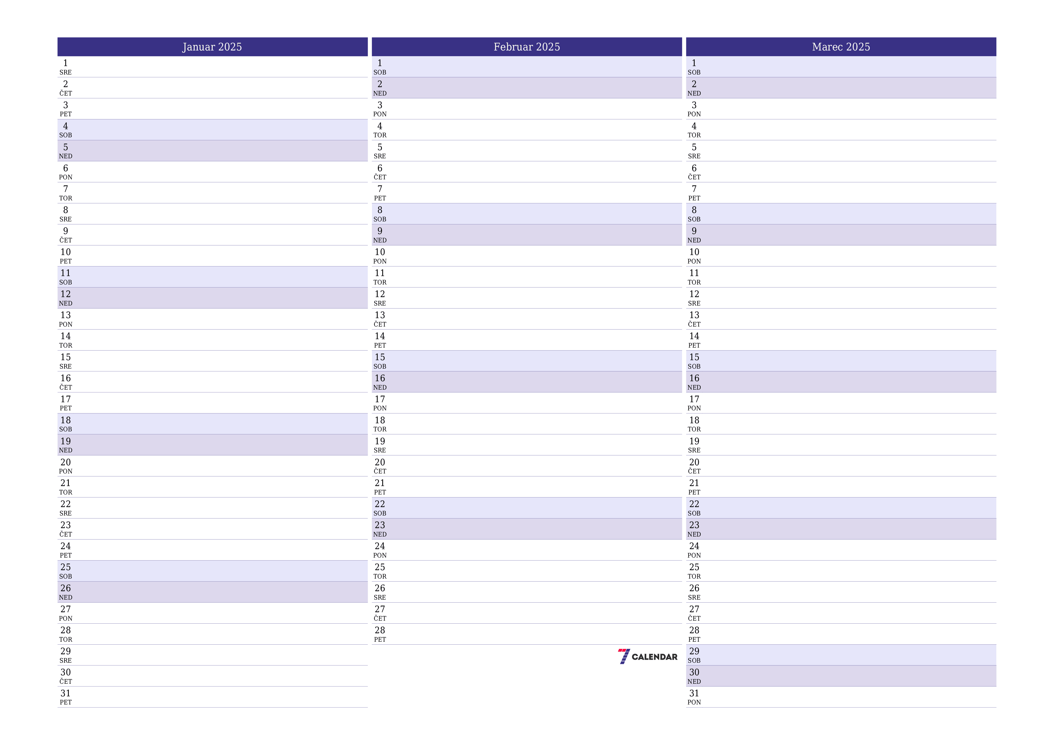Prazen mesečni načrtovalec koledarja za mesec Januar 2025 z opombami, natisnjenimi v PDF PNG Slovenian