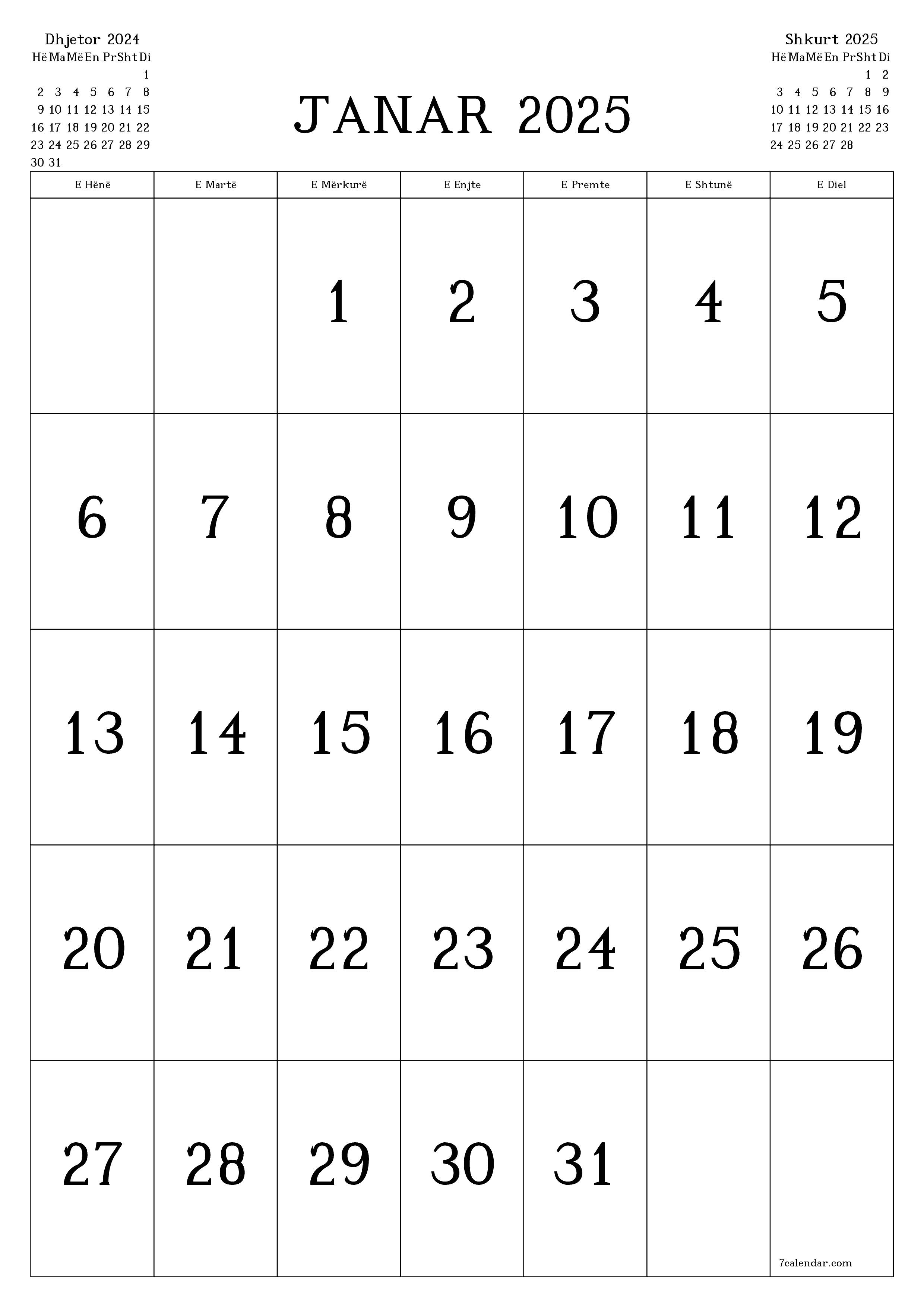 Planifikuesi i zbrazët i kalendarit mujor për muajin Janar 2025 me shënime të ruajtura dhe të printuara në PDF PNG Albanian