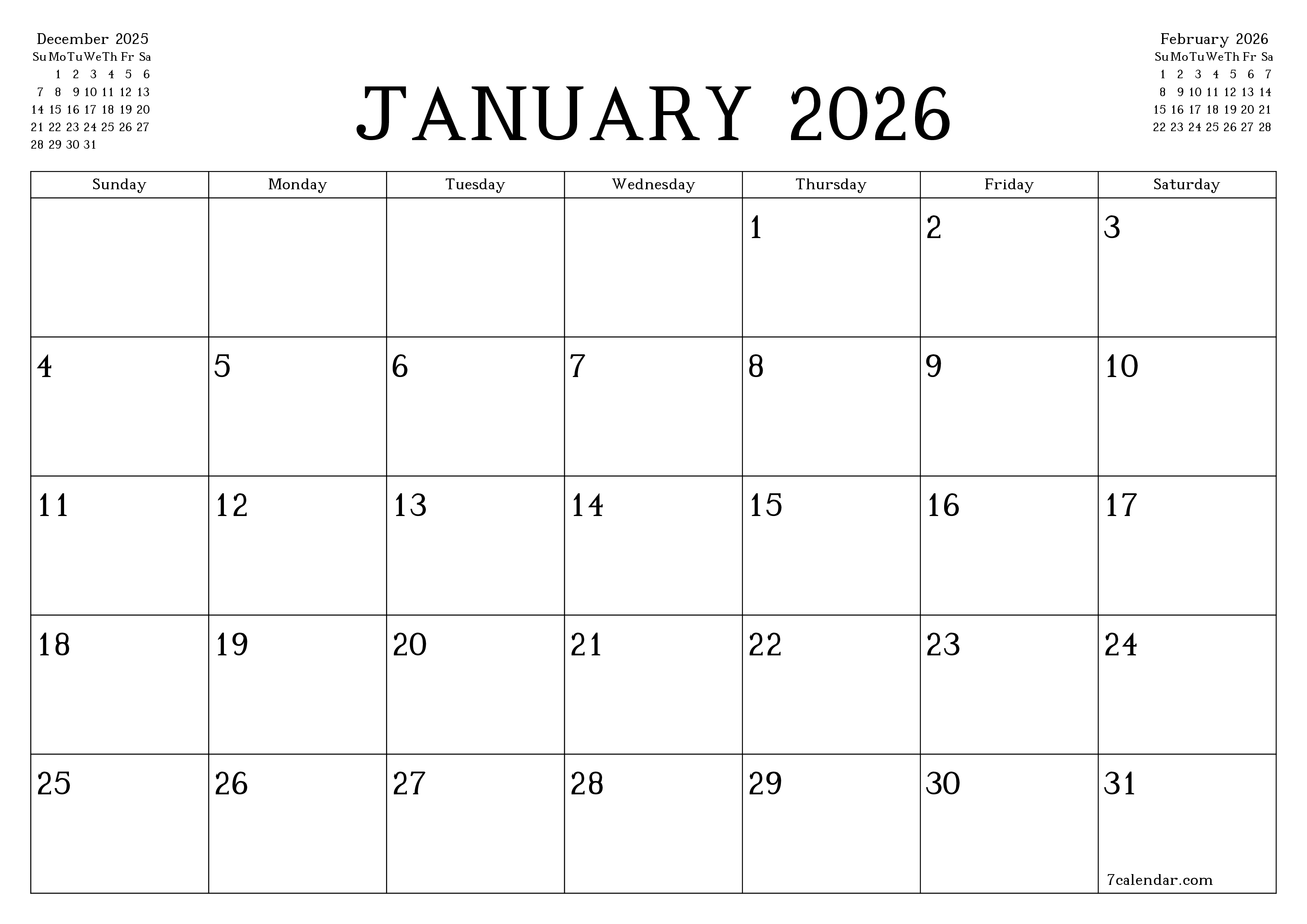 Blank monthly printable calendar and planner for month January 2026 with notes save and print to PDF PNG English