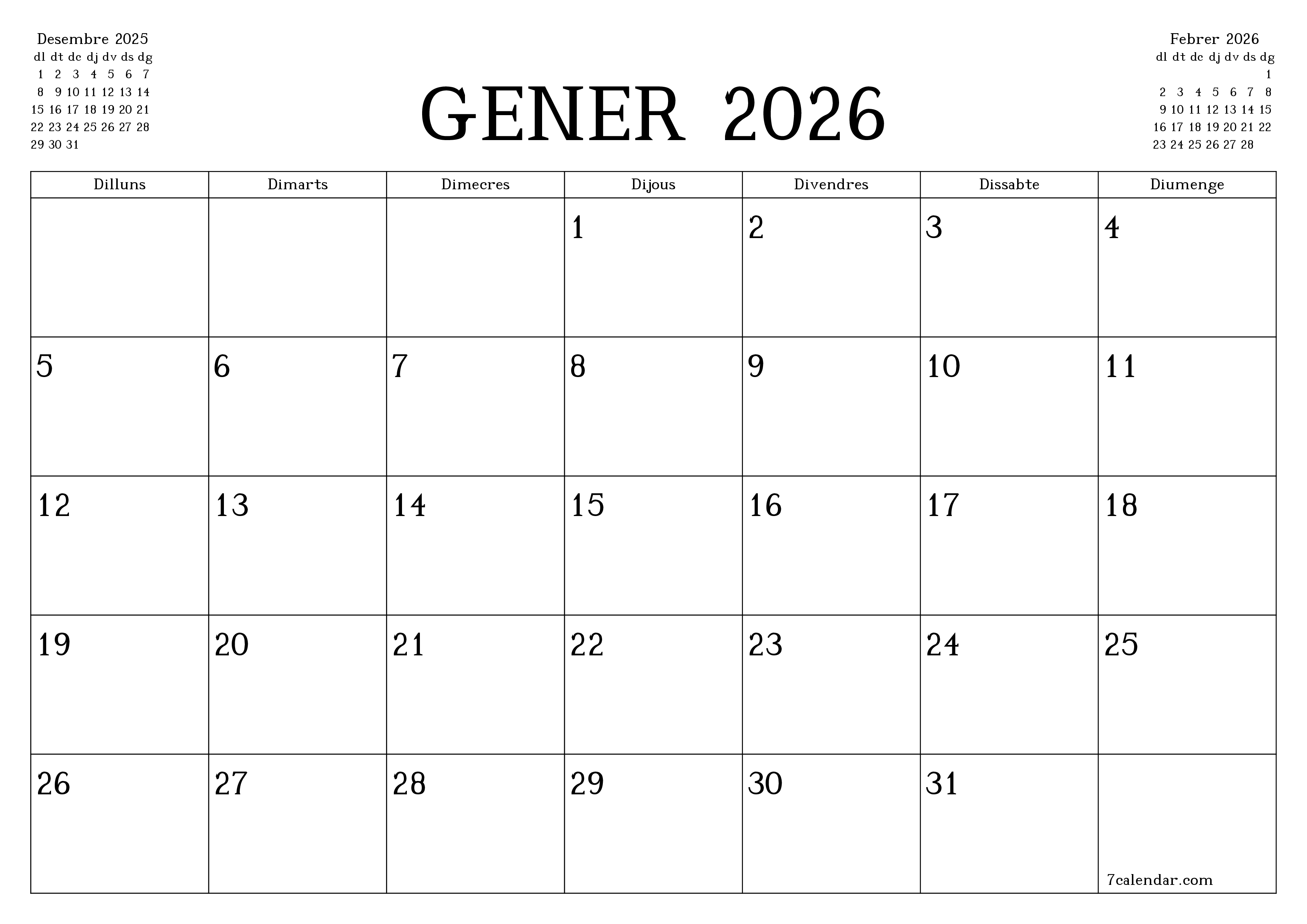 Planificador mensual buit del mes Gener 2026 amb notes, deseu-lo i imprimiu-lo en format PDF PNG Catalan