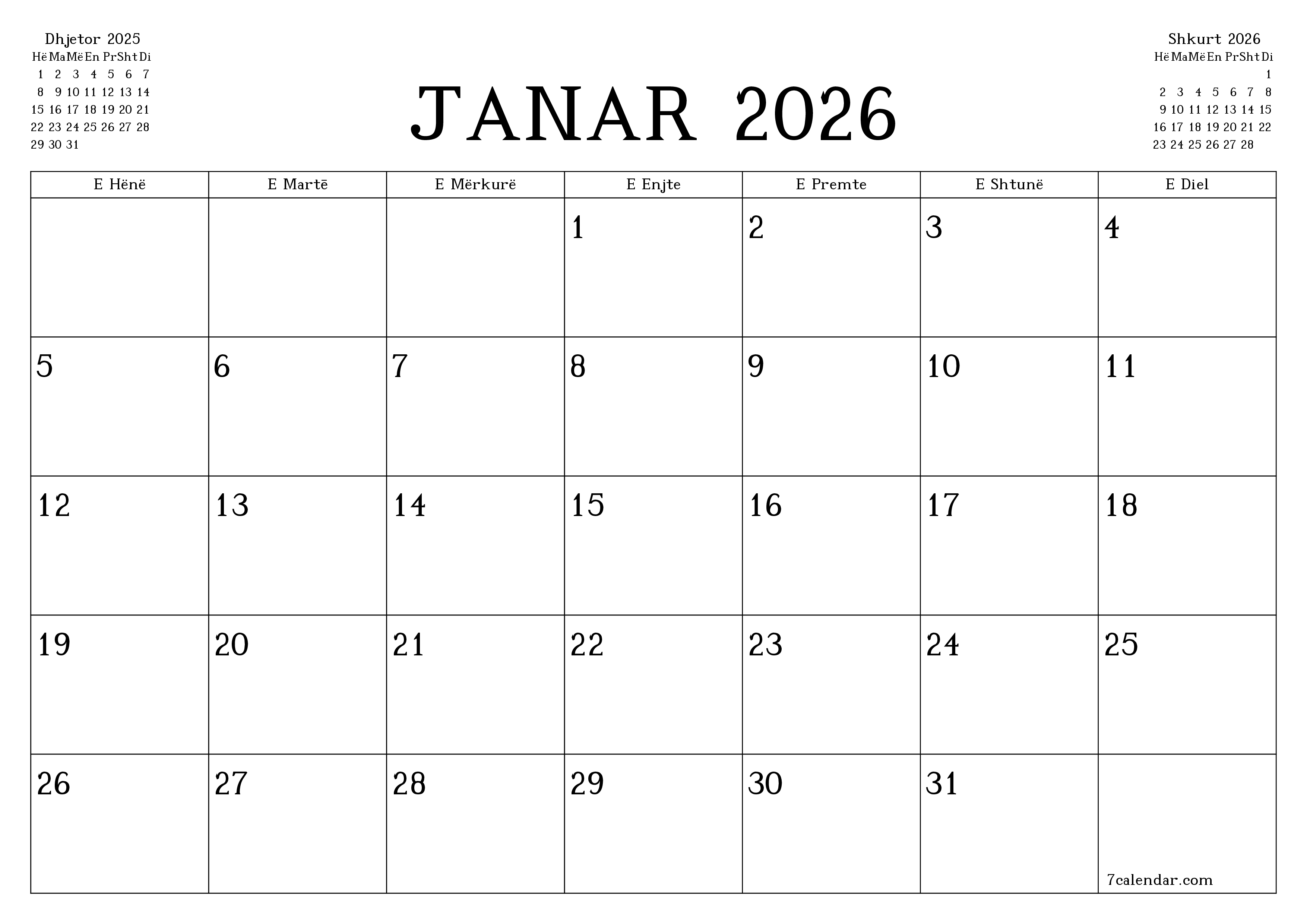 Planifikuesi i zbrazët i kalendarit mujor për muajin Janar 2026 me shënime të ruajtura dhe të printuara në PDF PNG Albanian