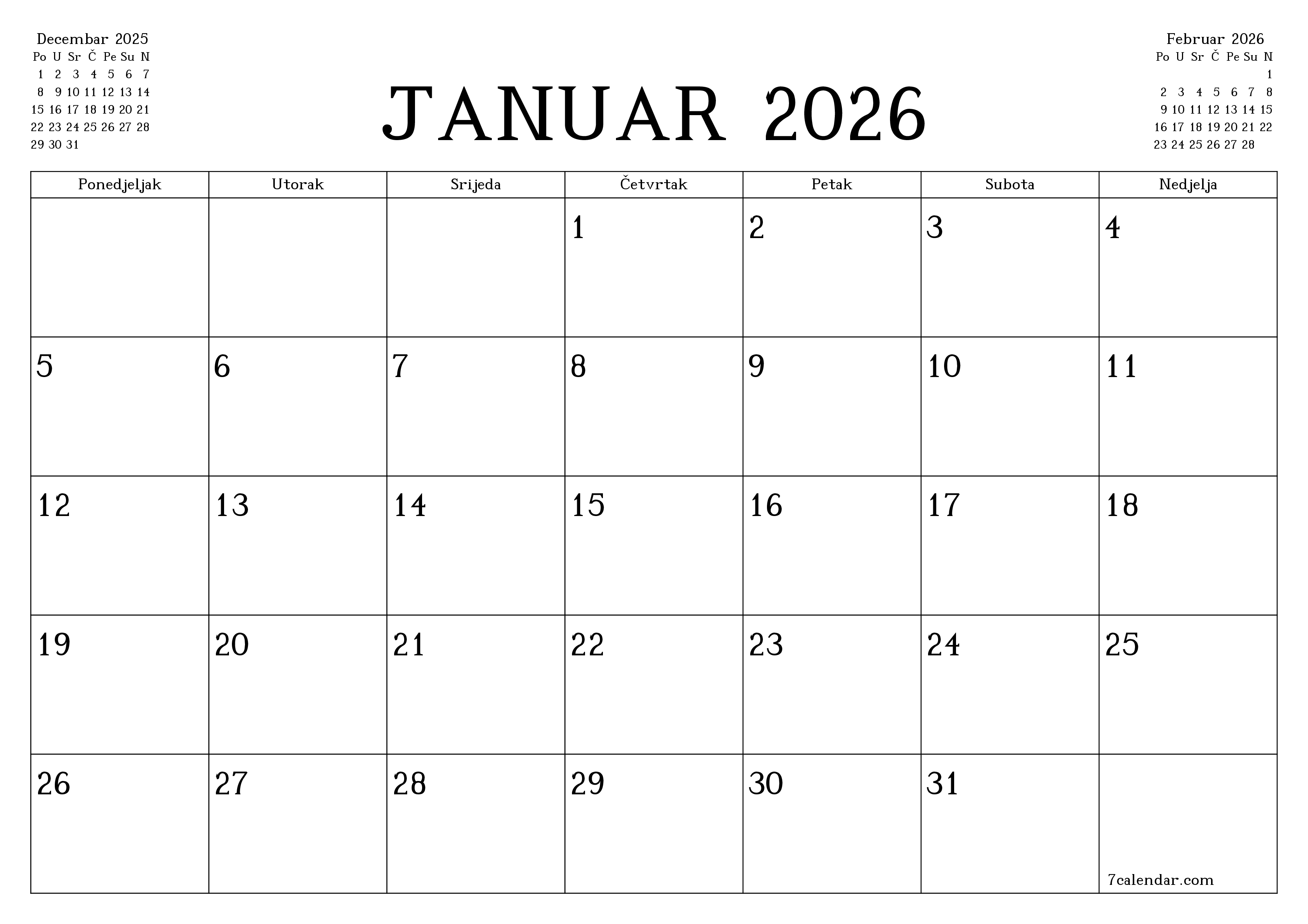 Ispraznite mjesečni planer za mjesec Januar 2026 s bilješkama, spremite i ispišite u PDF PNG Bosnian