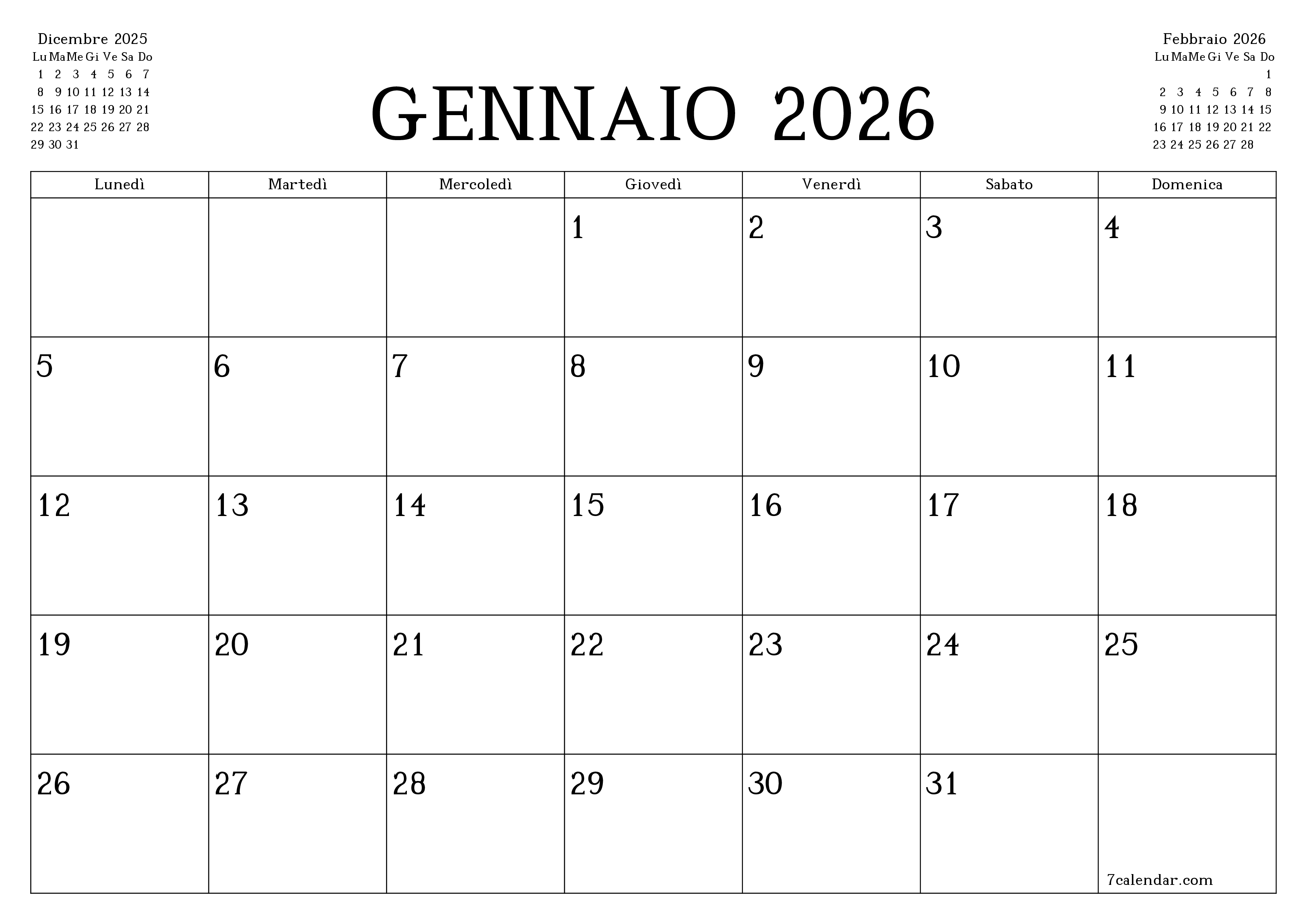 Pianificatore mensile vuoto per il mese Gennaio 2026 con note, salva e stampa in PDF PNG Italian