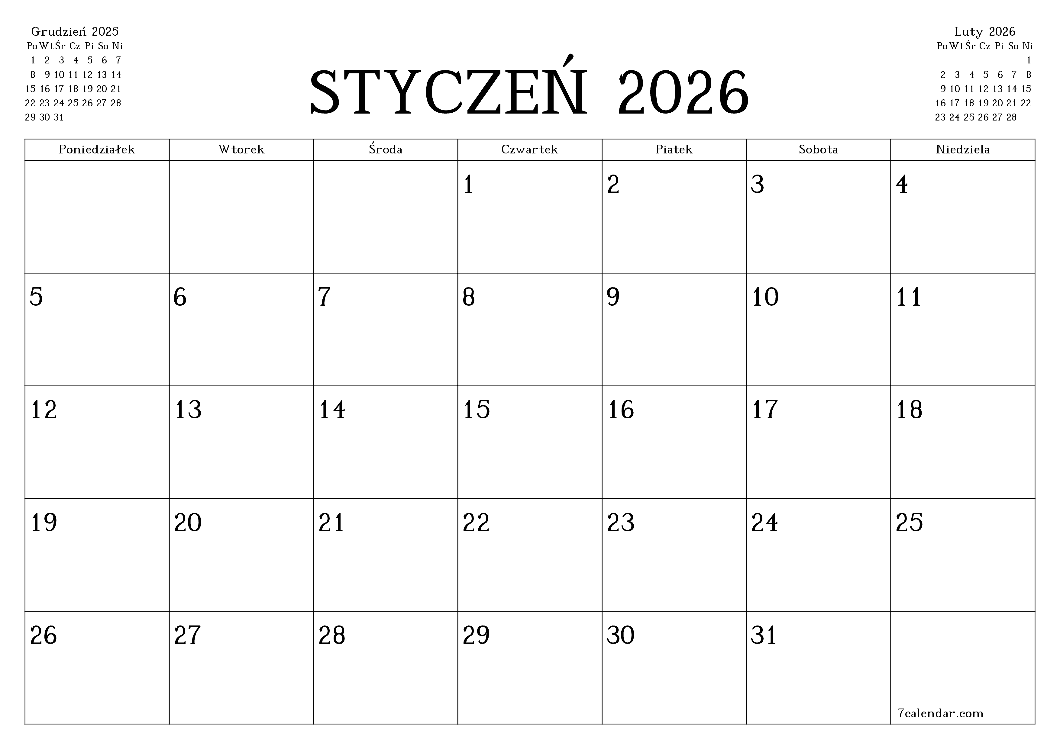 Opróżnij miesięczny planer na miesiąc Styczeń 2026 z notatkami, zapisz i wydrukuj w formacie PDF PNG Polish