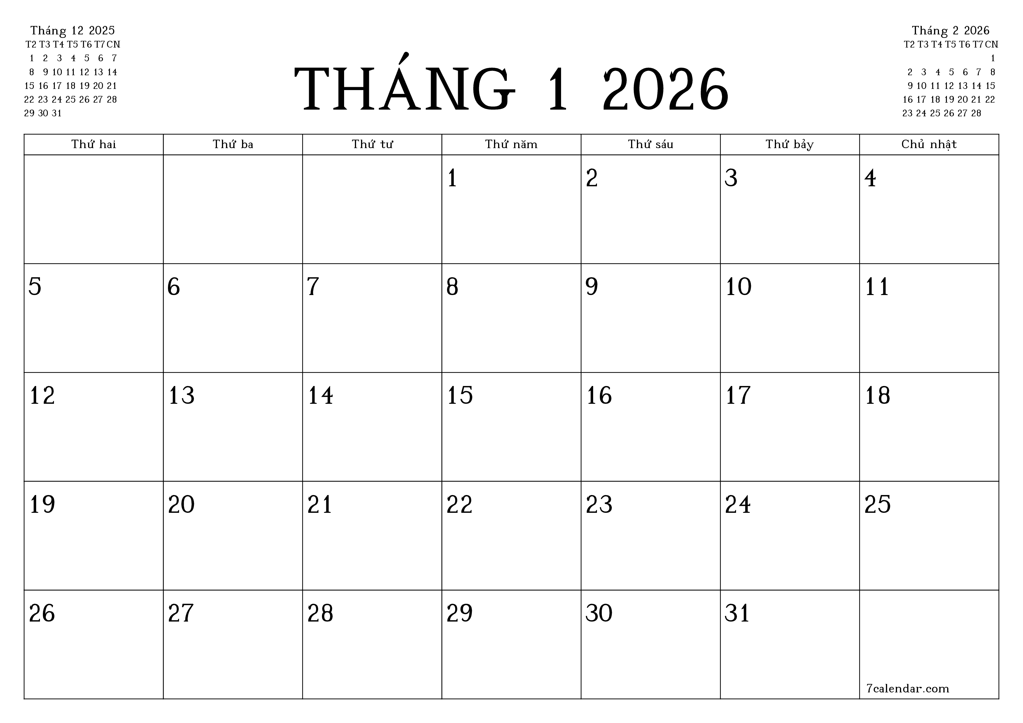 Công cụ lập kế hoạch hàng tháng trống cho tháng Tháng 1 2026 có ghi chú, lưu và in sang PDF PNG Vietnamese