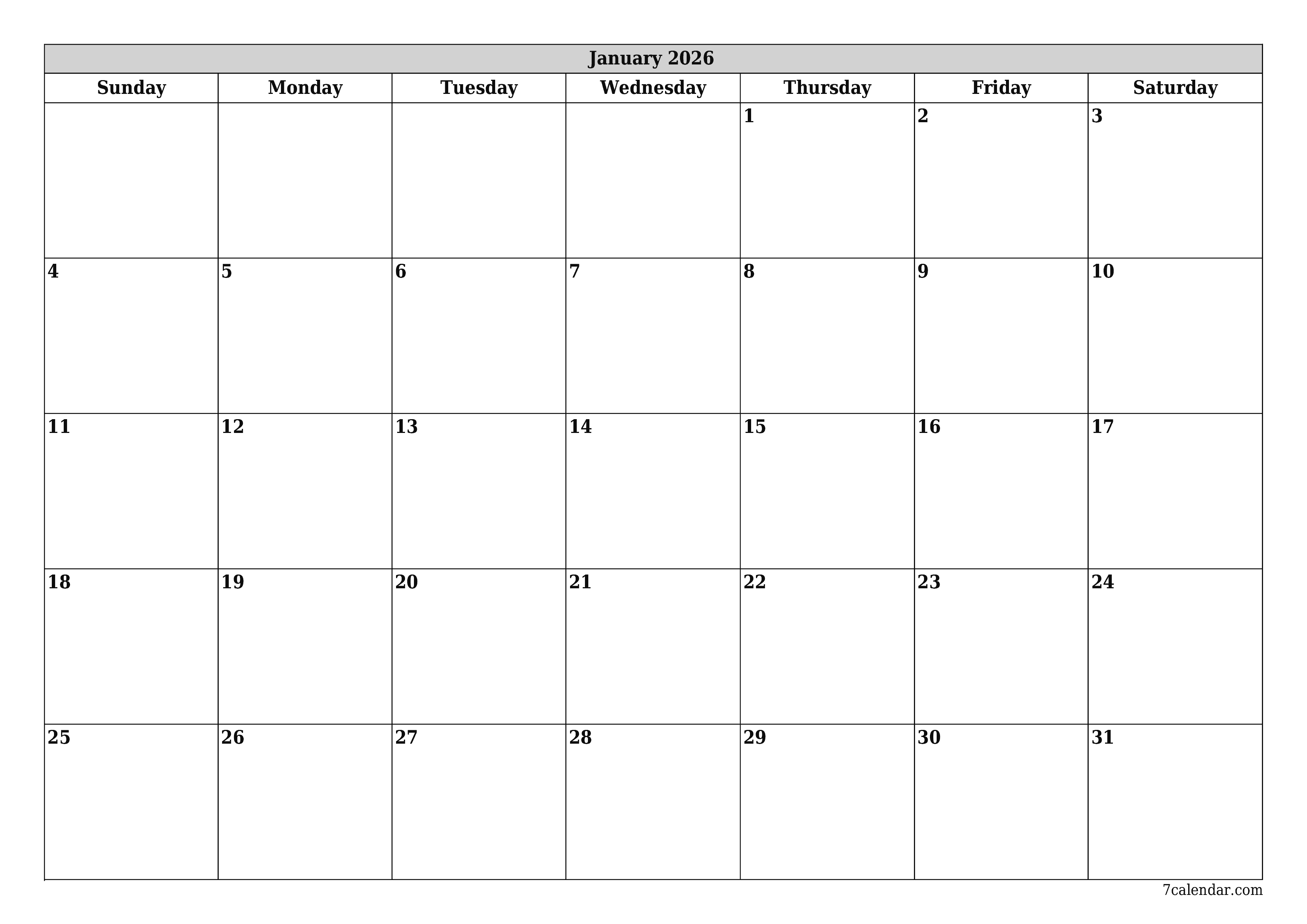 Blank monthly printable calendar and planner for month January 2026 with notes save and print to PDF PNG English
