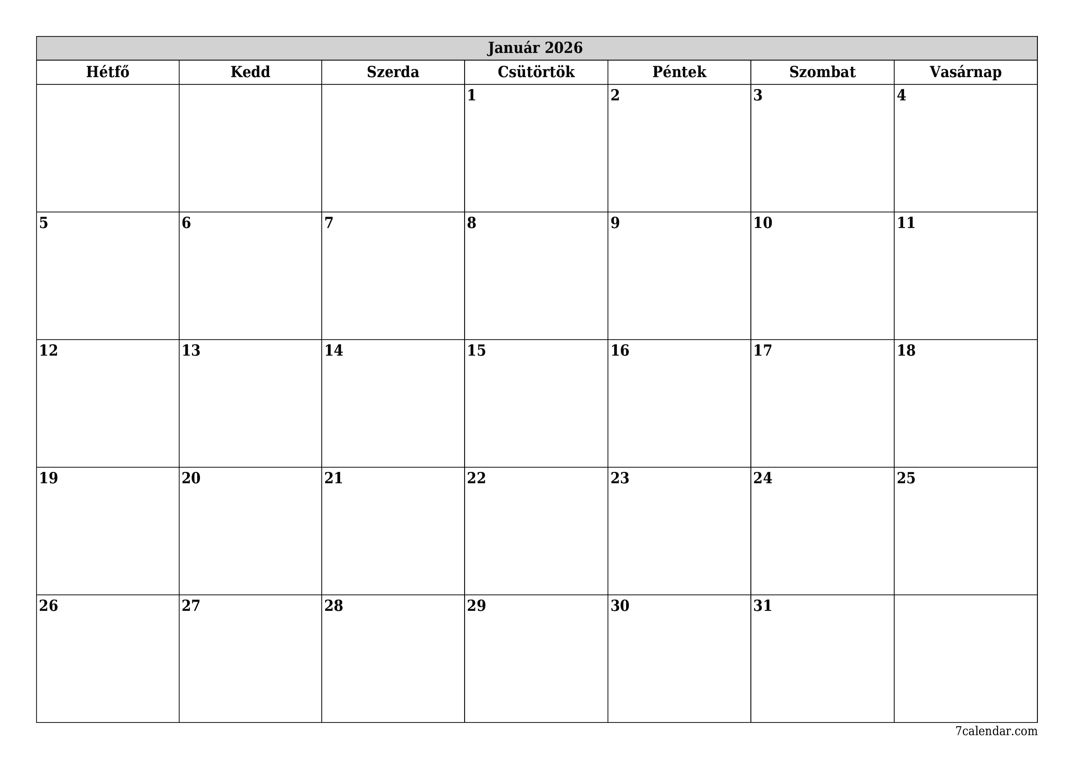 nyomtatható fali sablon ingyenes vízszintes Havi tervező naptár Január (Jan) 2026
