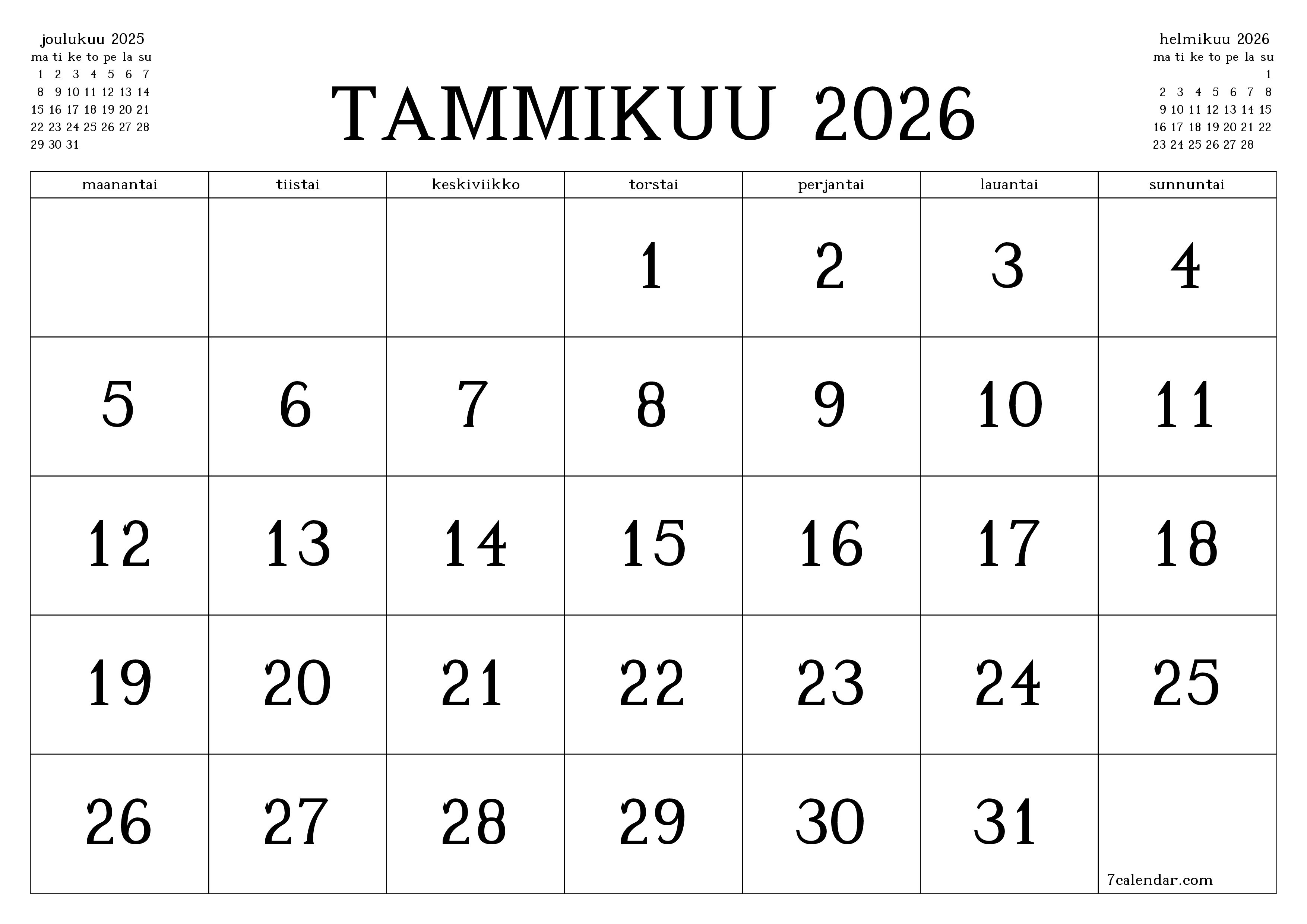 Tyhjennä kuukausittainen suunnittelija kuukaudelle tammikuu 2026 muistiinpanoilla, tallenna ja tulosta PDF-muotoon PNG Finnish