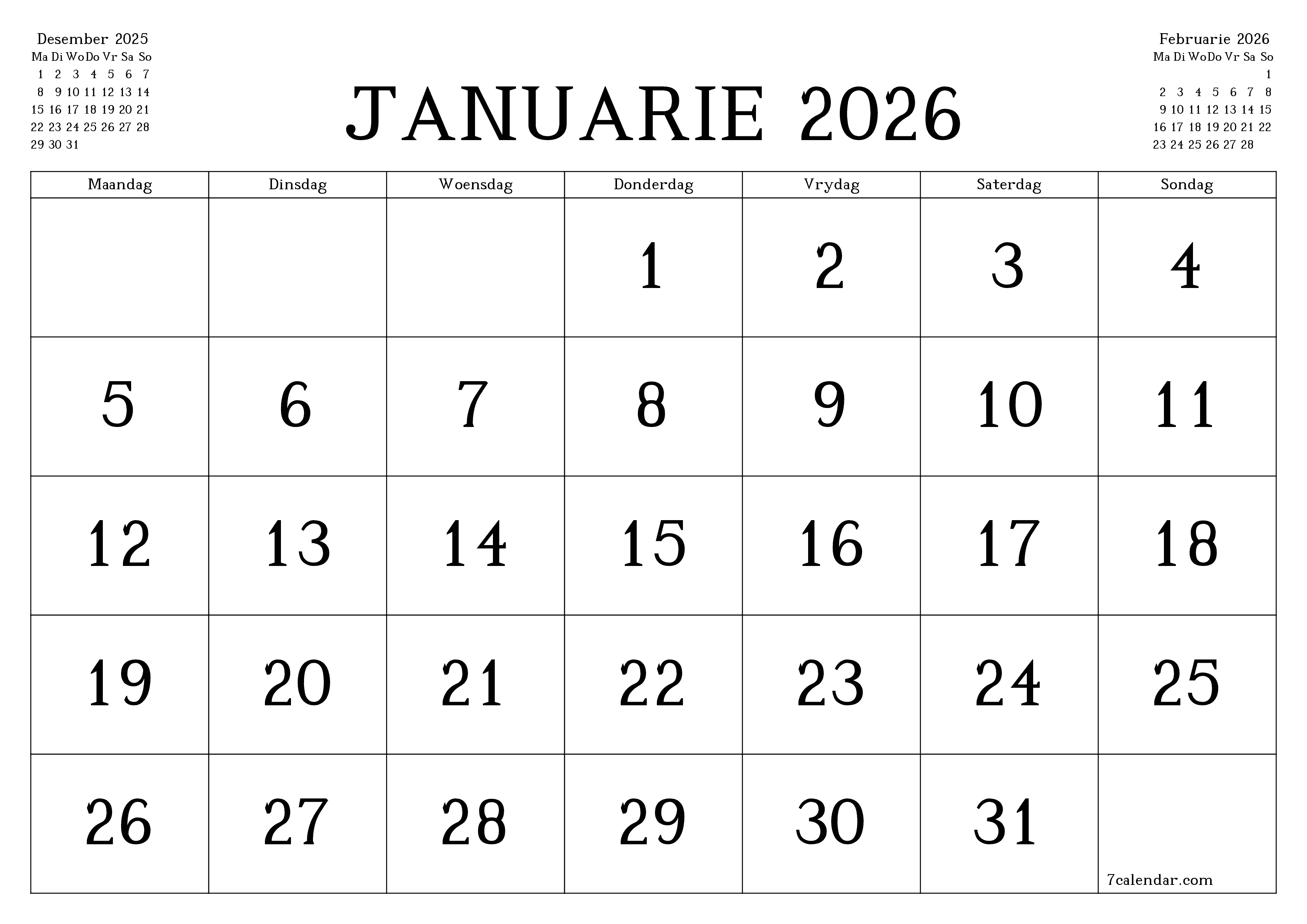 Leë maandelikse drukbare kalender en beplanner vir maand Januarie 2026 met notas stoor en druk na PDF PNG Afrikaans