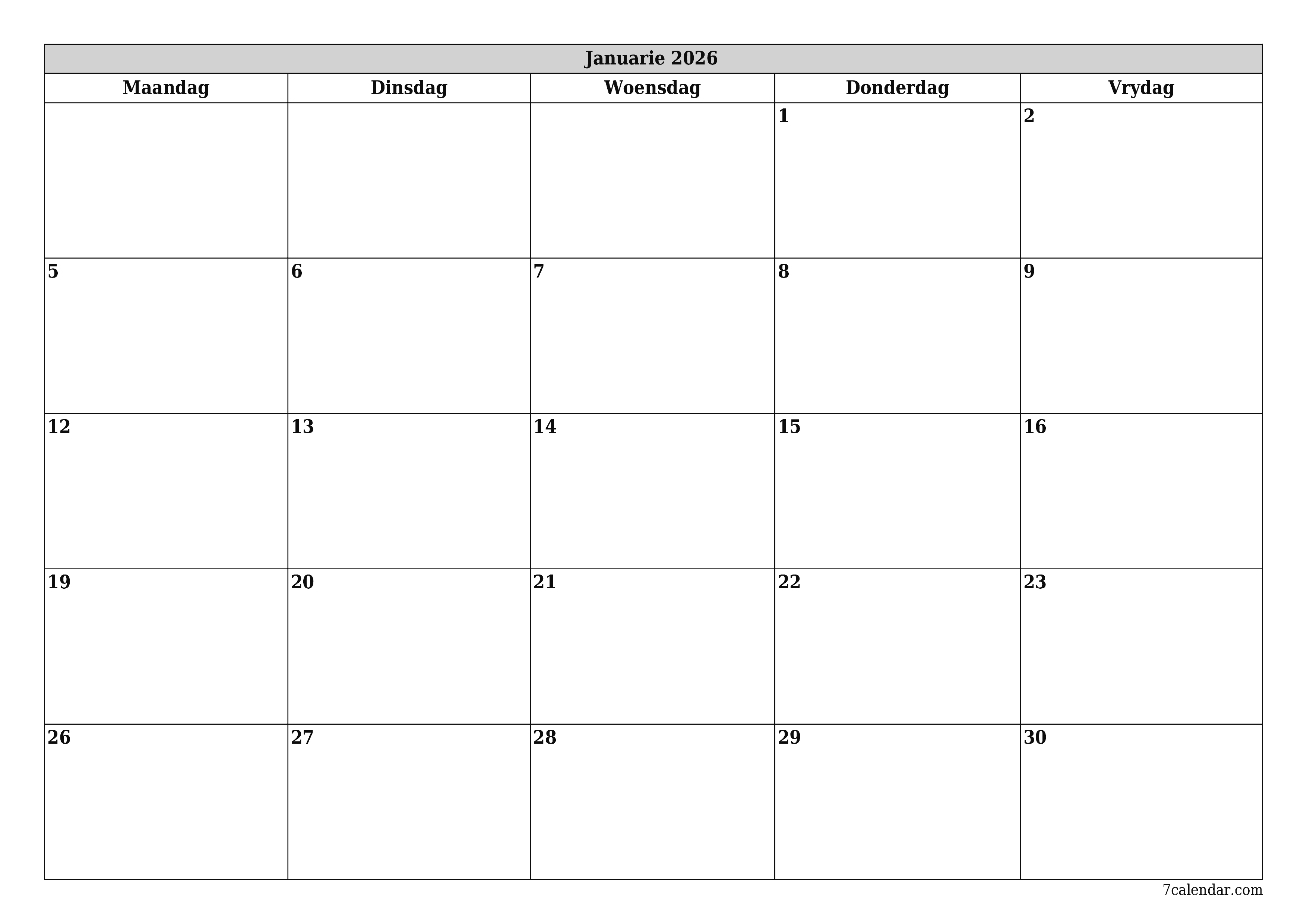 Leë maandelikse drukbare kalender en beplanner vir maand Januarie 2026 met notas stoor en druk na PDF PNG Afrikaans