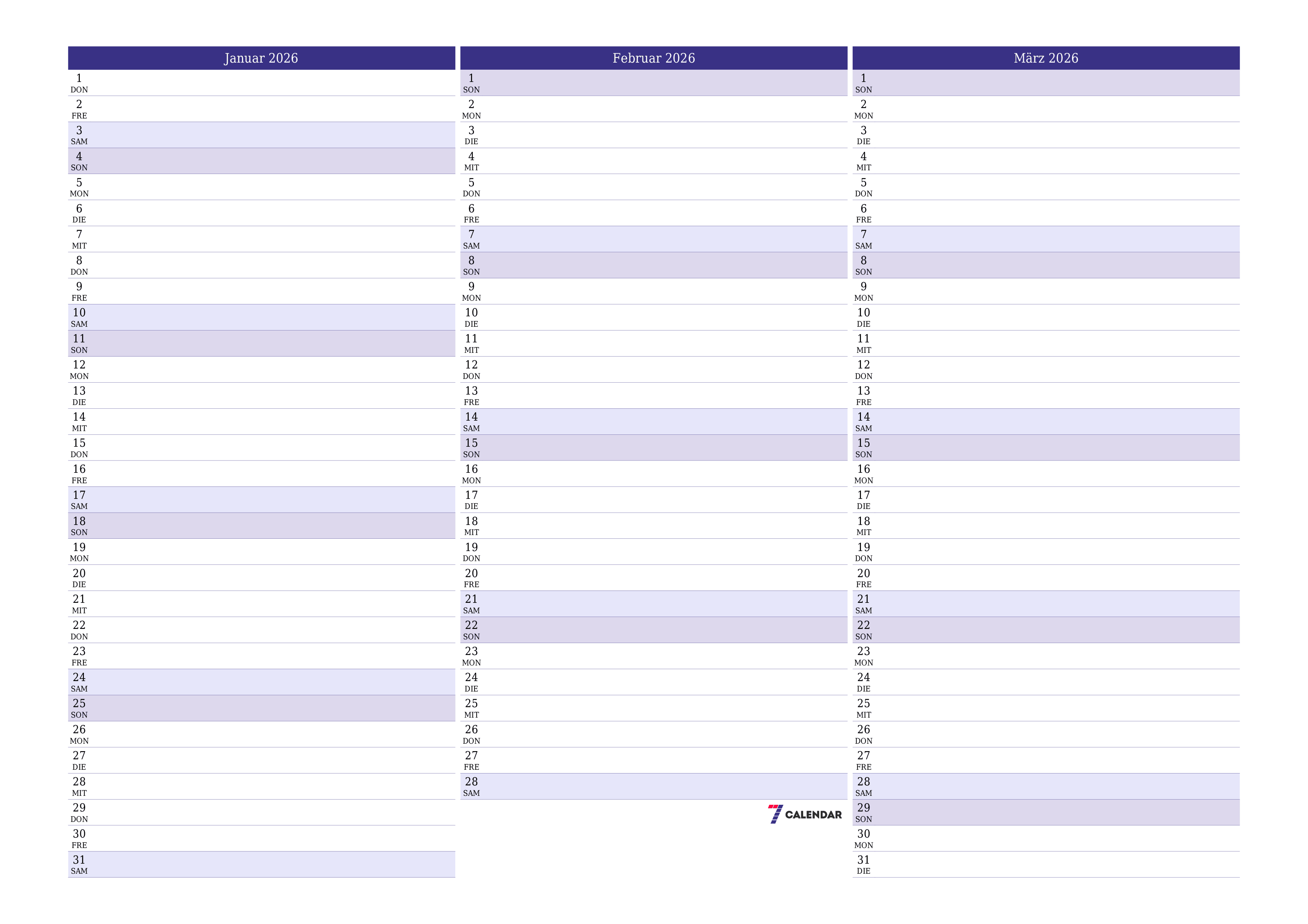 Monatsplaner für Monat Januar 2026 mit Notizen leeren, speichern und als PDF PNG German - 7calendar.com drucken