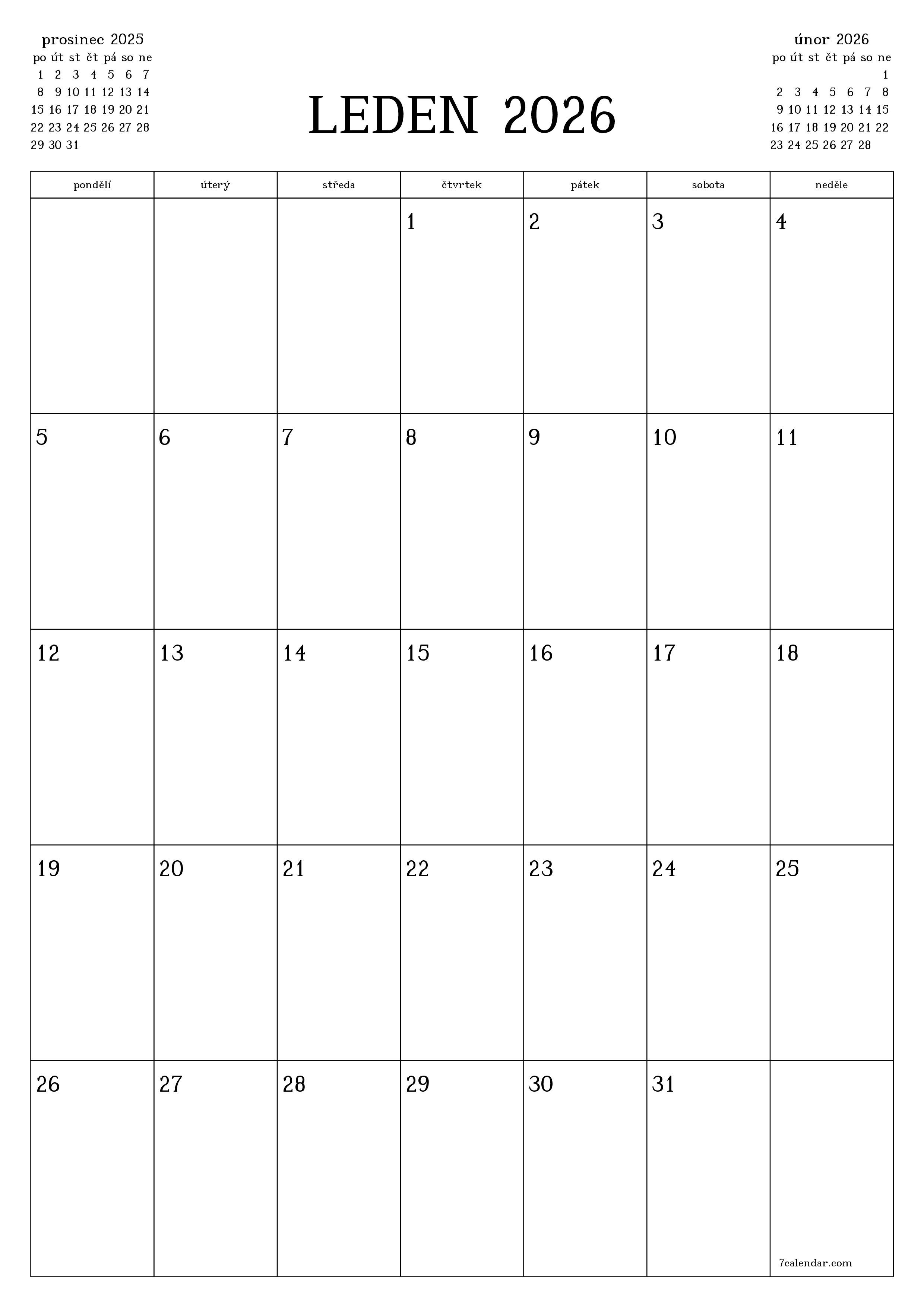 pro tisk nástěnný šablona e zdarmavertikální Měsíční plánovač kalendář leden (led) 2026