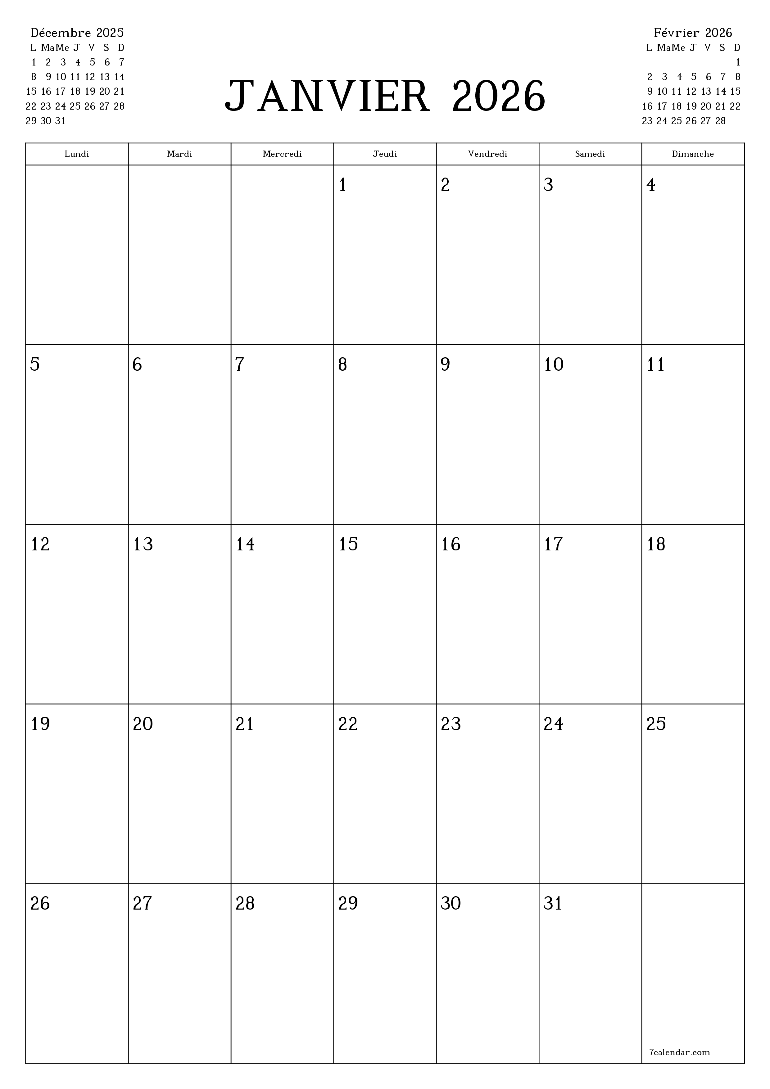 Agenda mensuel vide pour le mois Janvier 2026 avec notes, enregistrez et imprimez au format PDF PNG French