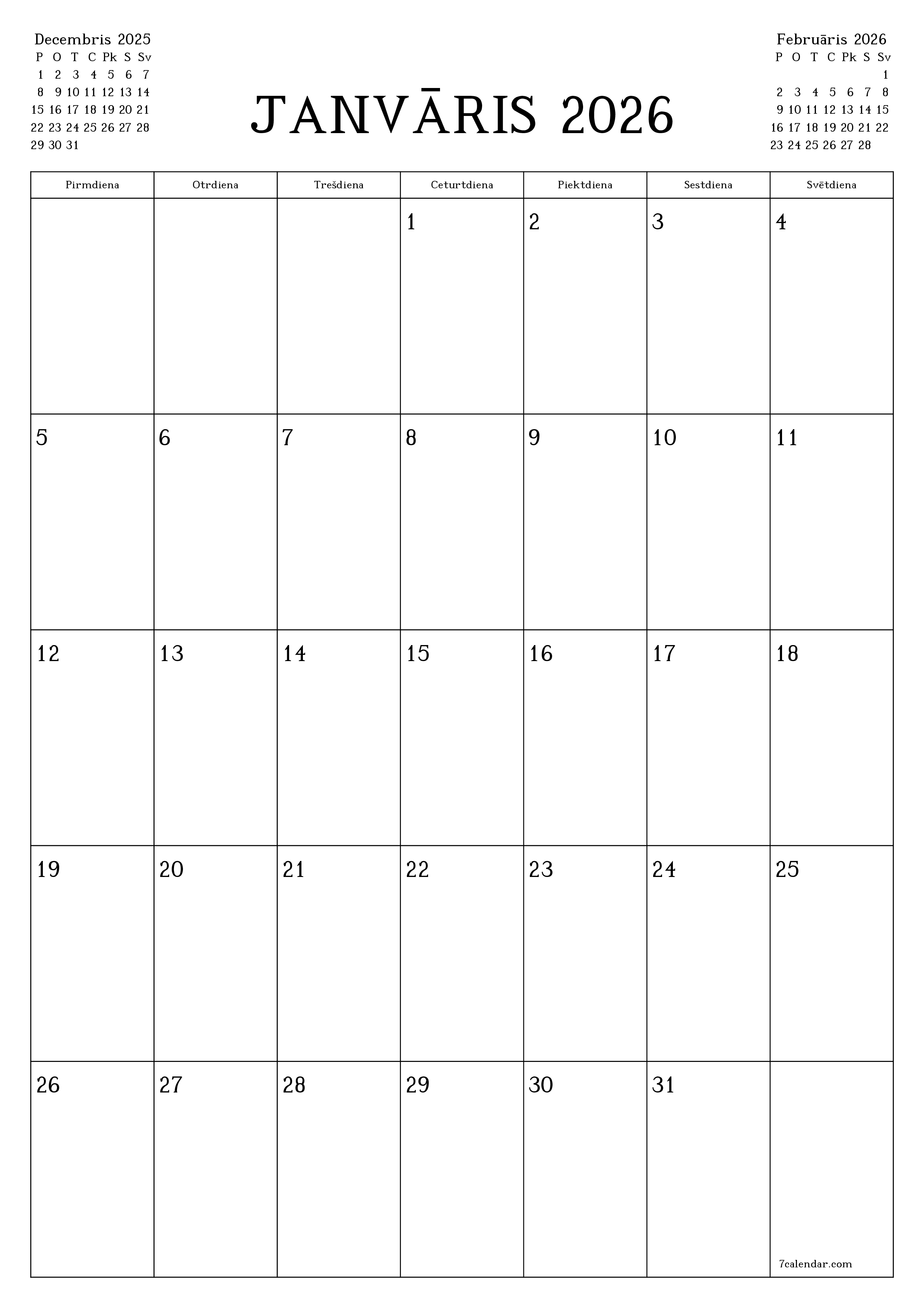 izdrukājams sienas kalendāra veidne bezmaksas vertikāli Mēneša plānotājs kalendārs Janvāris (Jan) 2026