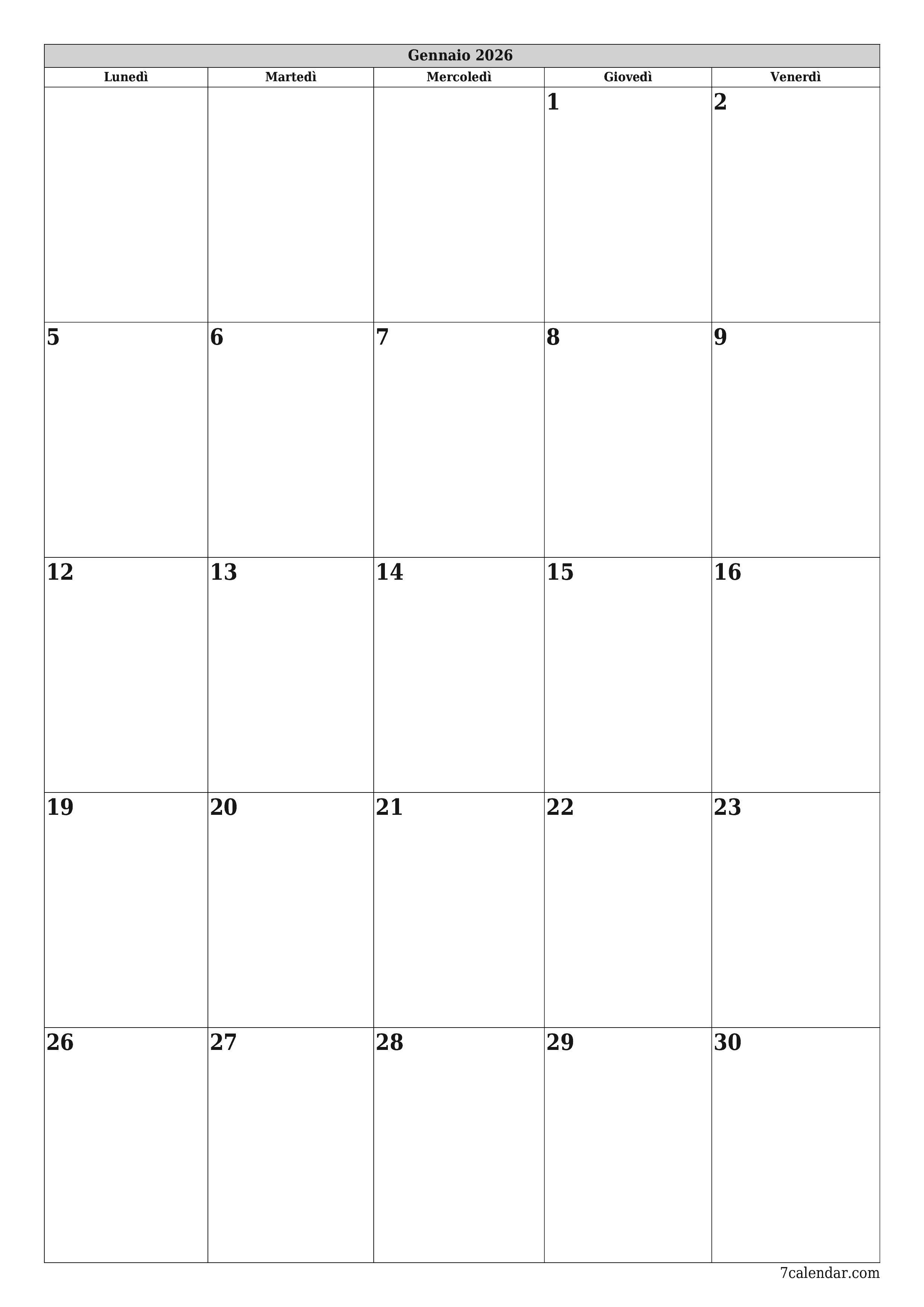  stampabile da parete modello di gratuitoverticale Mensile pianificatore calendario Gennaio (Gen) 2026