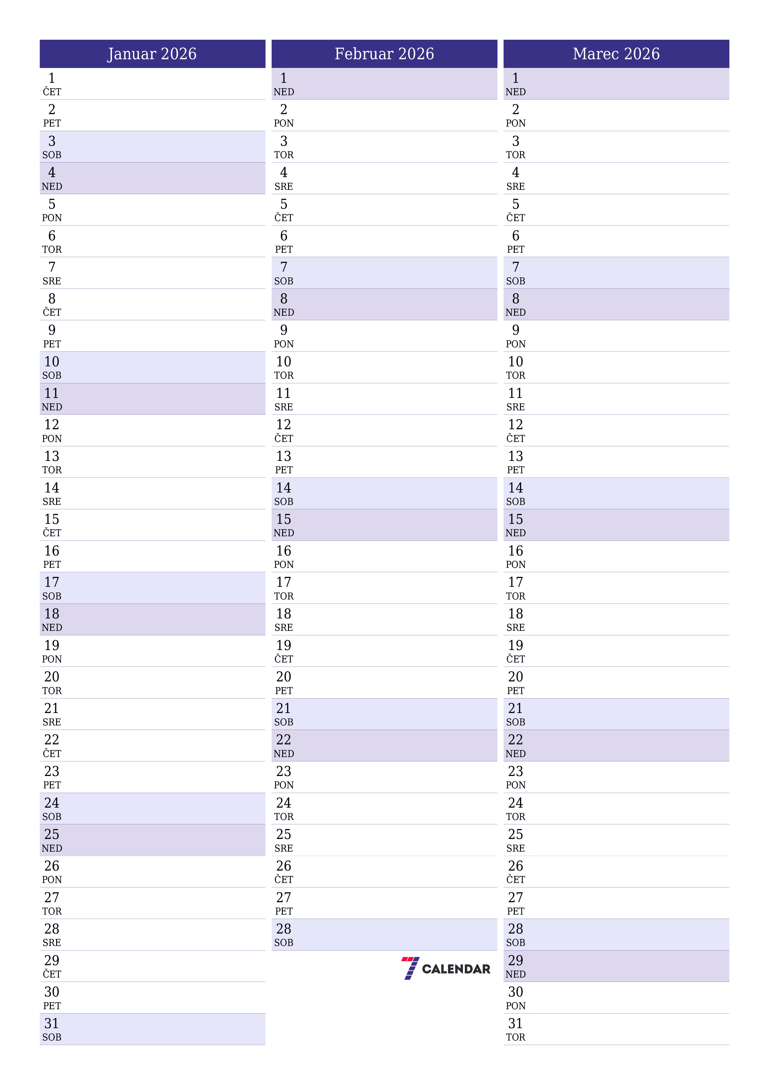 Prazen mesečni načrtovalec koledarja za mesec Januar 2026 z opombami, natisnjenimi v PDF PNG Slovenian