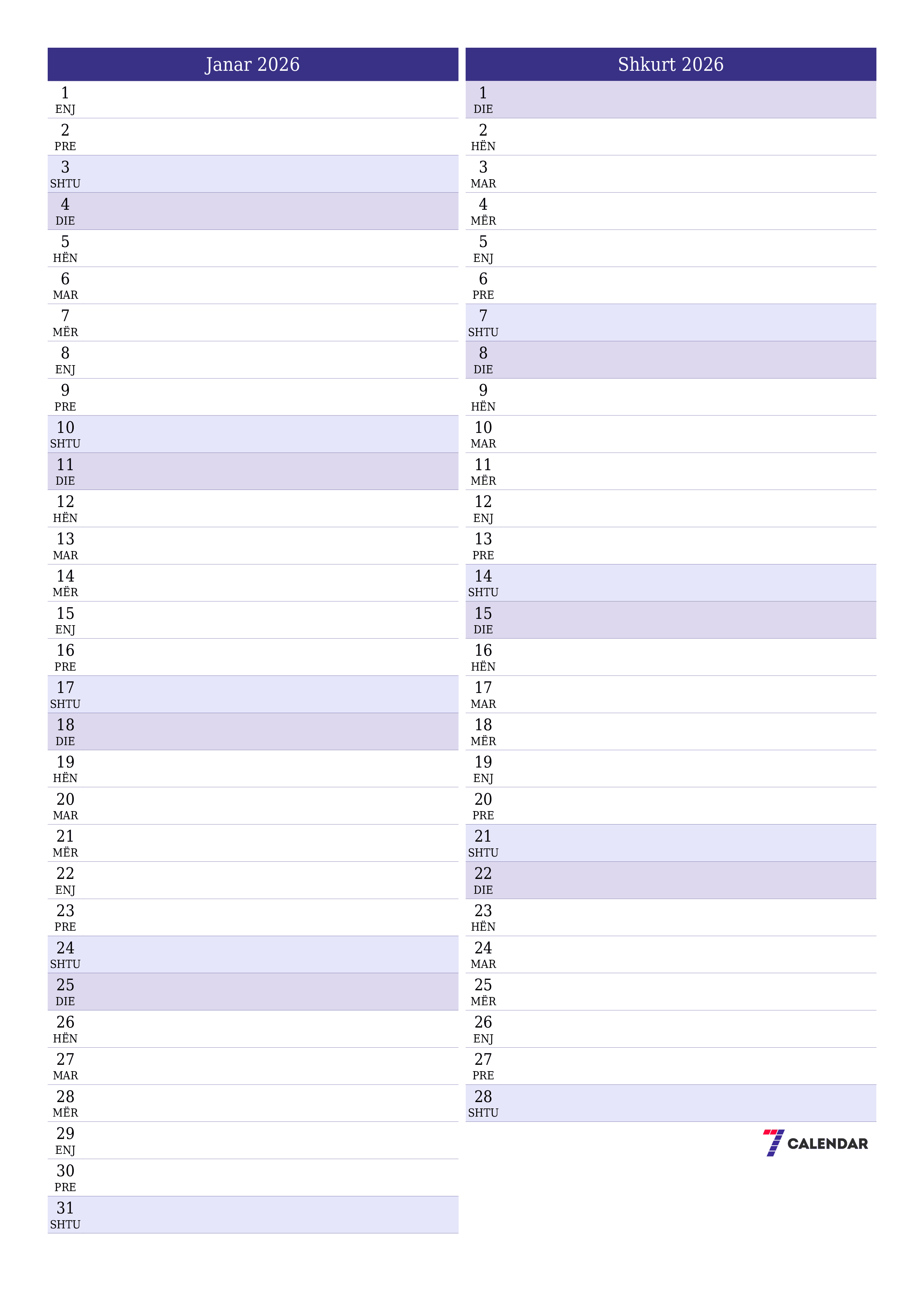 Planifikuesi i zbrazët i kalendarit mujor për muajin Janar 2026 me shënime të ruajtura dhe të printuara në PDF PNG Albanian