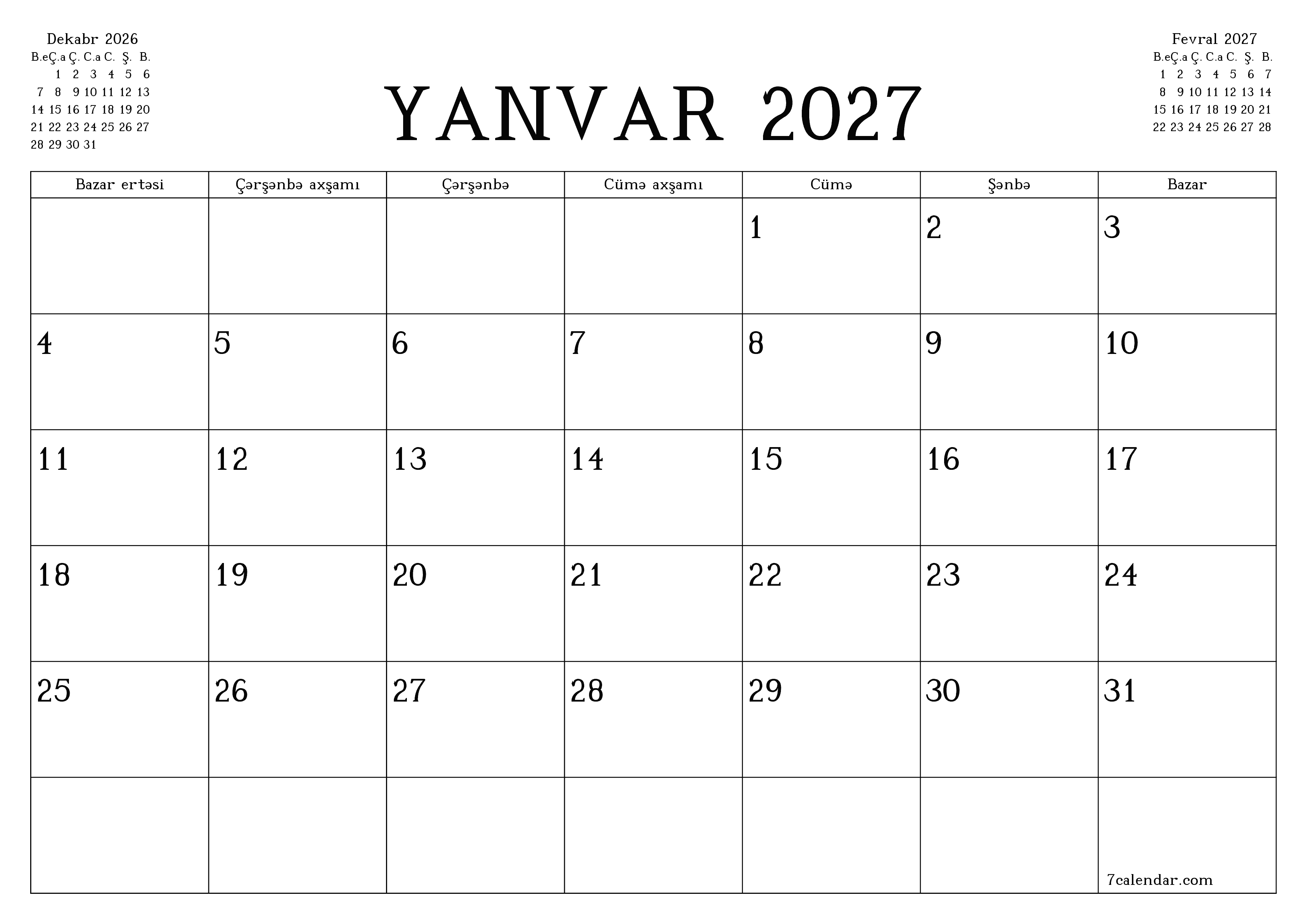 Yanvar 2027 ayı üçün qeydlər ilə boş aylıq planlayıcı, qeyd edin və PDF-ə yazdırın PNG Azerbaijani