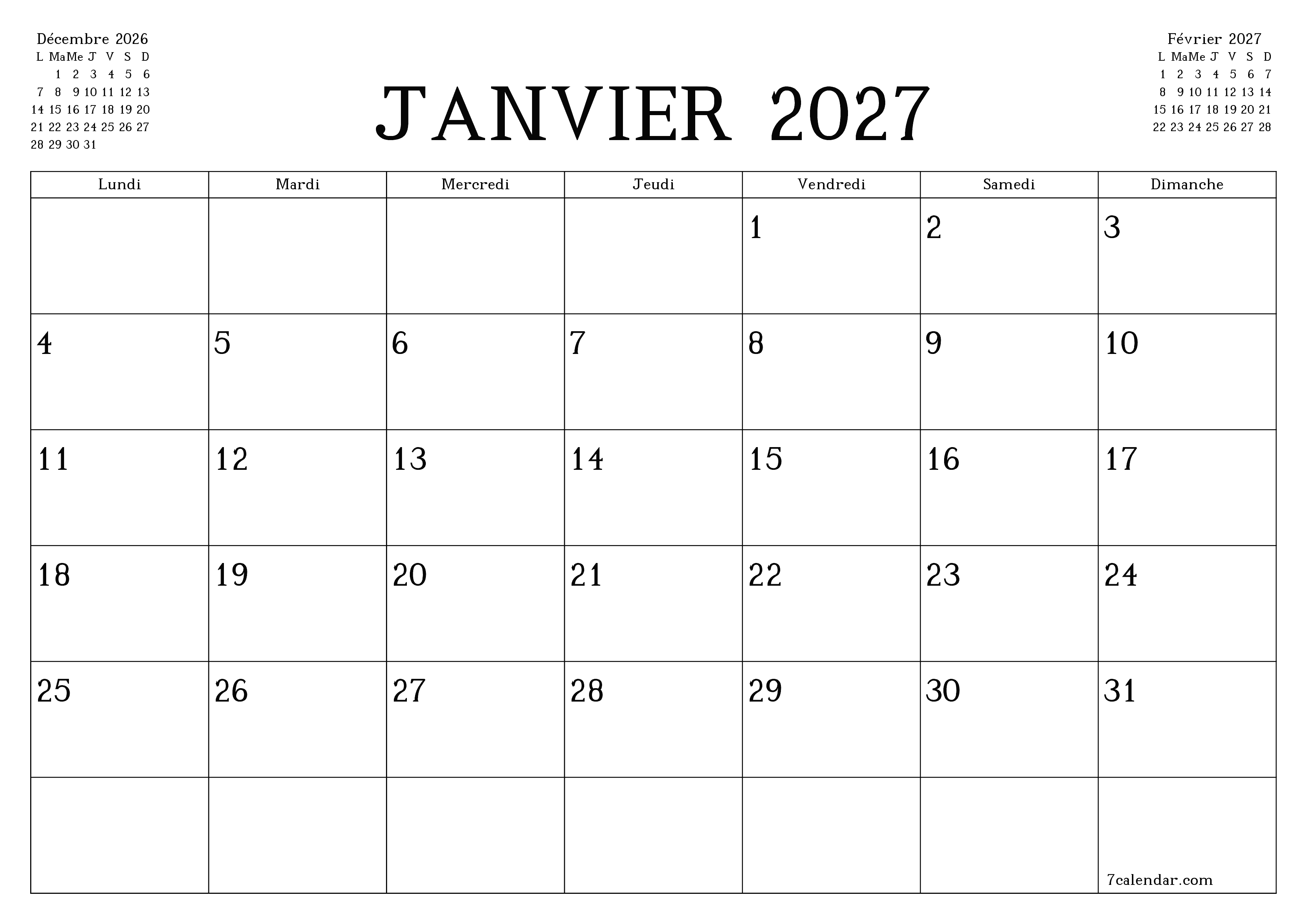  imprimable mural modèle de gratuithorizontal Mensuel planificateur calendrier Janvier (Jan) 2027