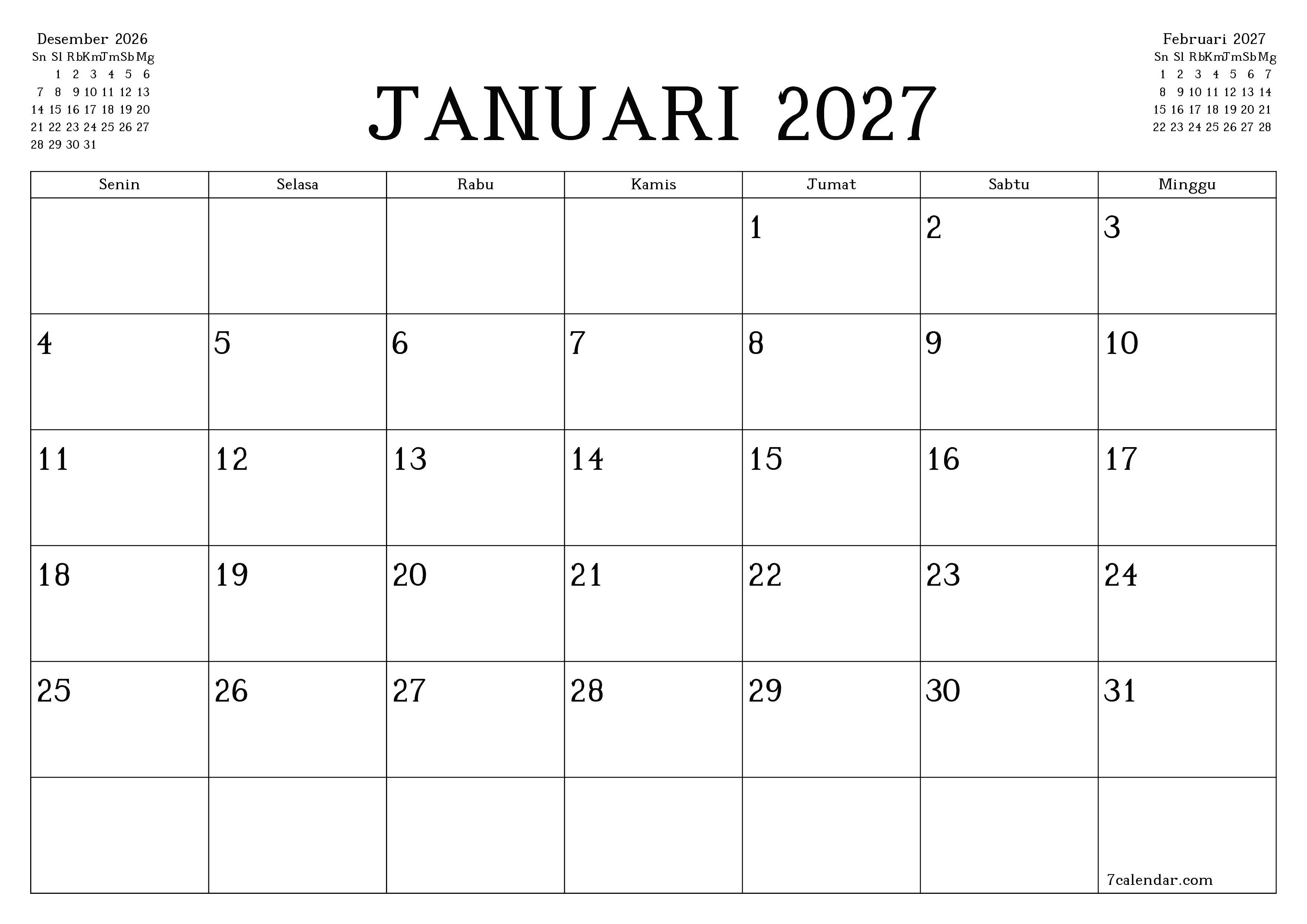 Kosongkan agenda bulanan untuk bulan Januari 2027 dengan catatan, simpan dan cetak ke PDF PNG Indonesian