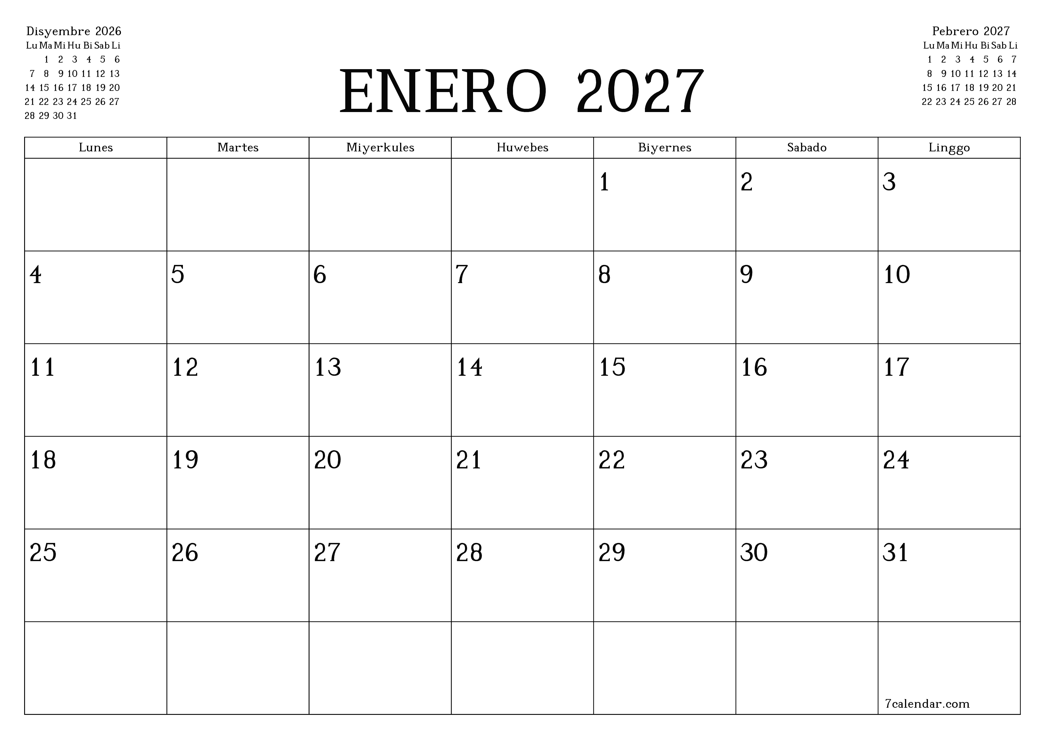 napi-print na sa dingding template ng libreng pahalang Buwanang tagaplano kalendaryo Enero (Ene) 2027